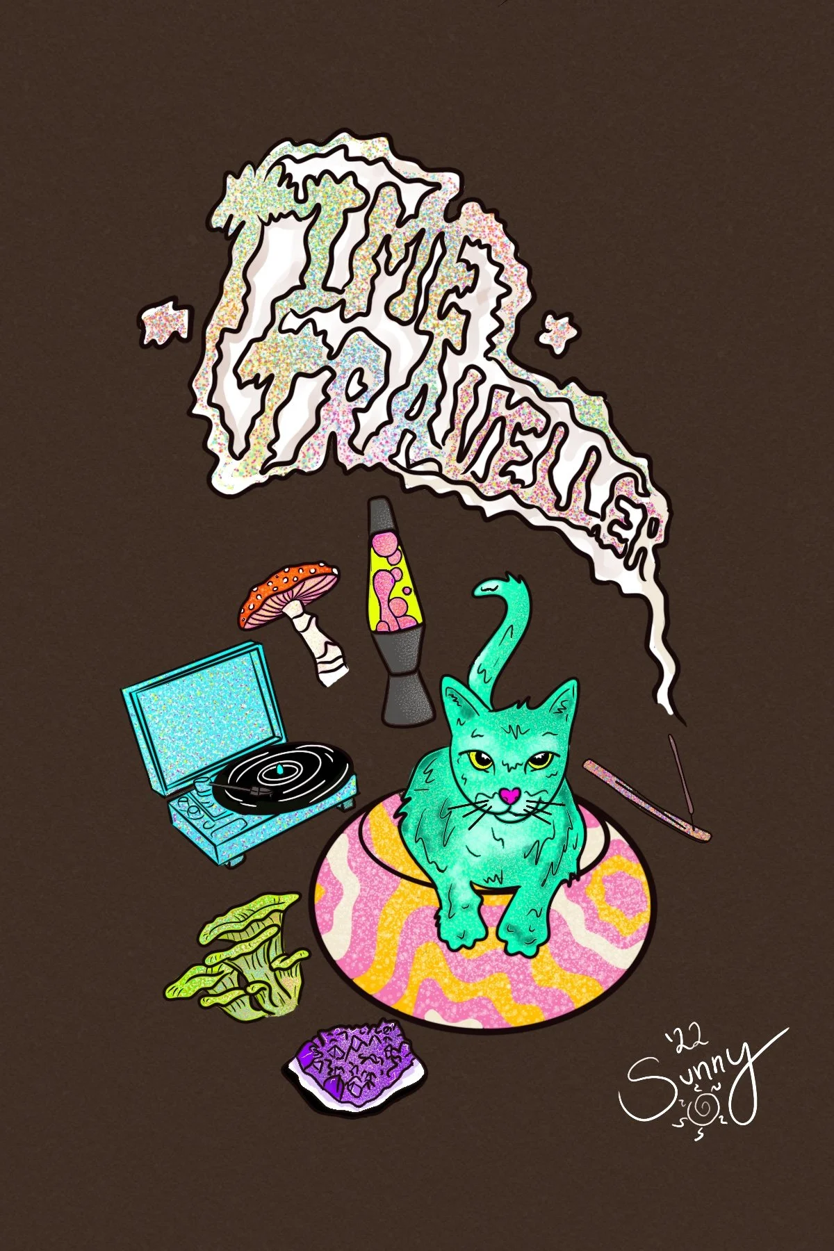 A colorful, cartoonish illustration featuring a turquoise cat sitting on a pink and yellow patterned mat amid various objects like a turntable, a mushroom, a lava lamp, a leaf, and a purple object. The words 'Let’s Get High' are written in large, sty