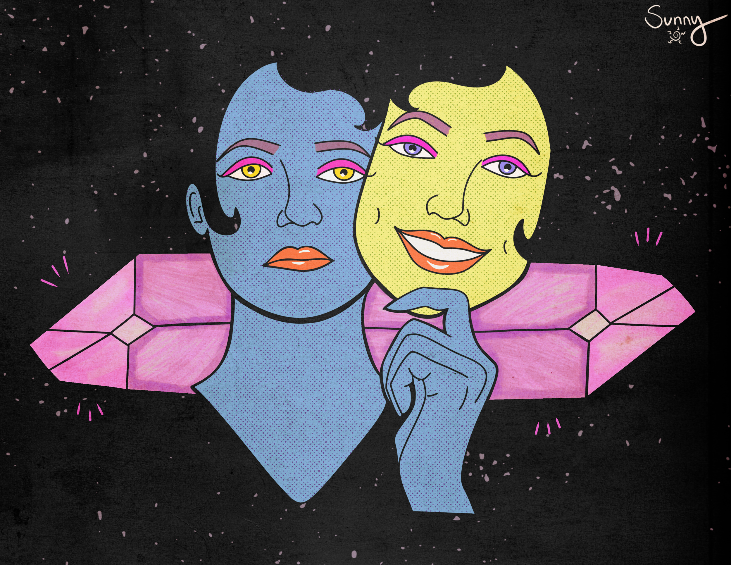 Pop art style illustration of two women with different skin tones, one with blue skin and the other with yellow skin, sharing an intimate moment against a starry black background. The woman with blue skin has short hair and yellow eyes, while the wom