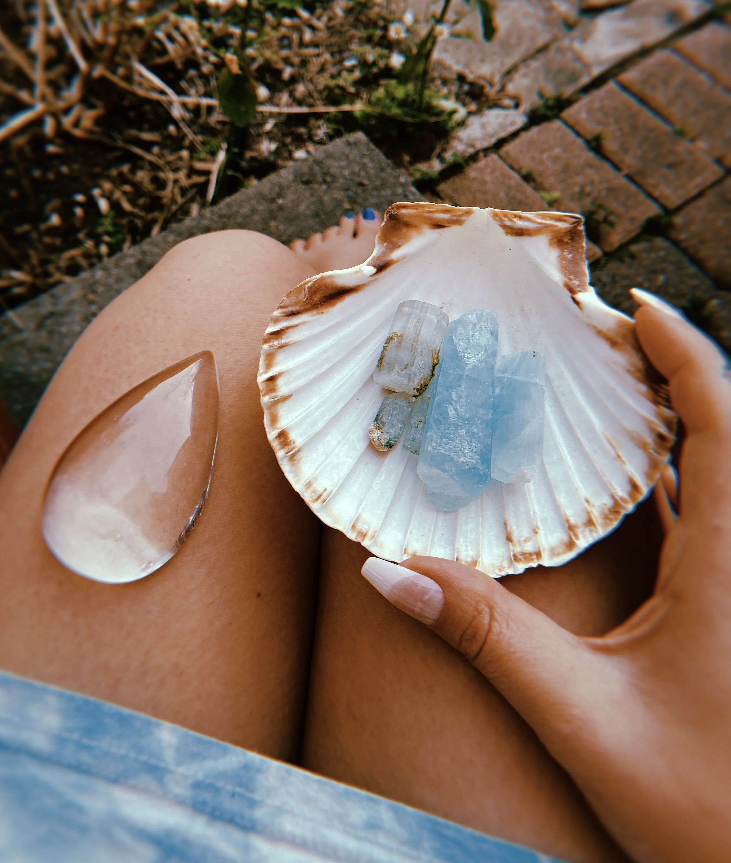 Person holding a seashell with blue crystals inside, sitting outdoors with grass and brick pavement visible.