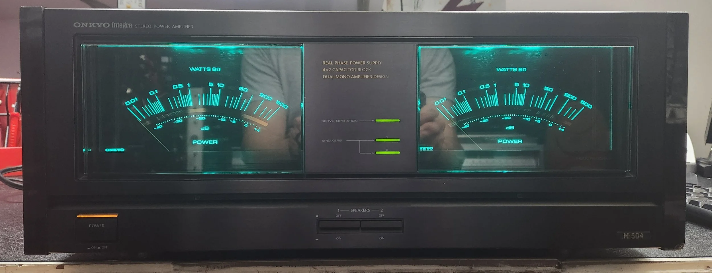 Onkyo M_504 Power Amp (165 WPC!) brought in for a intermittent channel drop, this got touched up, realigned and gorgeous new aqua blue lights