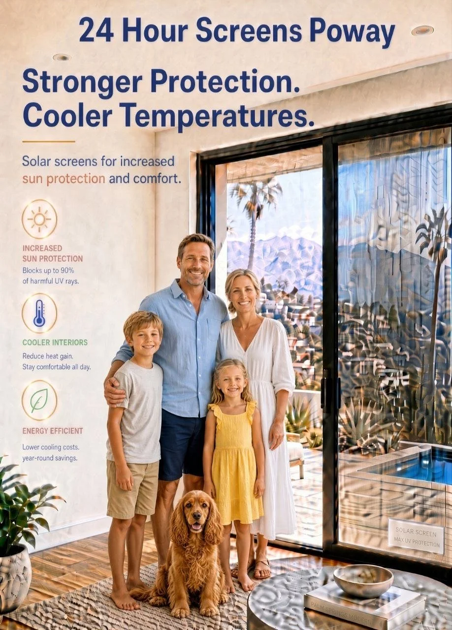 Family of four, two children and two adults, with house dog, standing inside near a large sliding glass door with solar screens. The room has wooden floors, a potted plant, and a small table with a bowl. The background shows a balcony with a pool and palm trees outside.