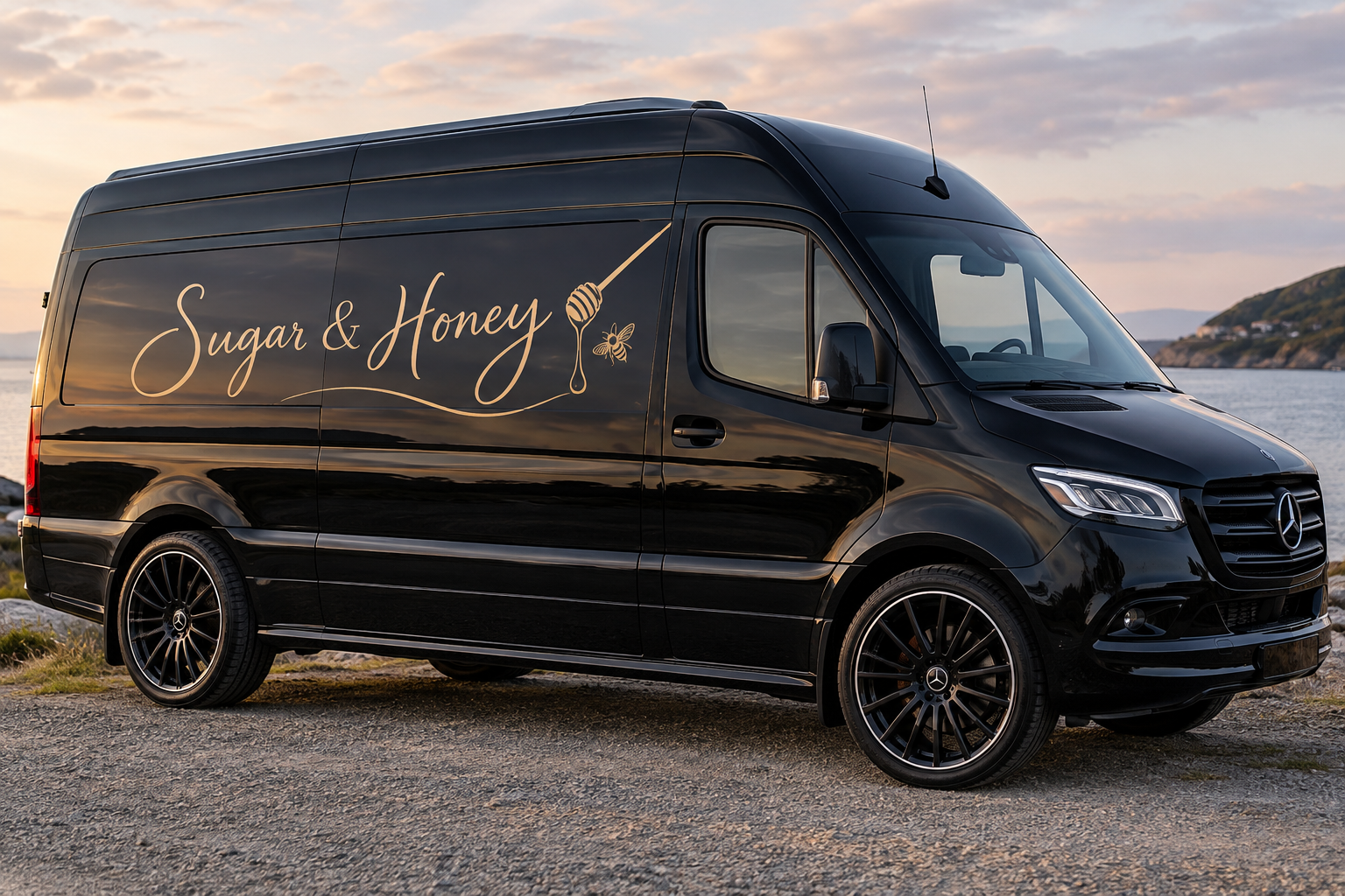 Black delivery van with 'Sugar & Honey' branding, parked near water at sunset, with hills in the background.