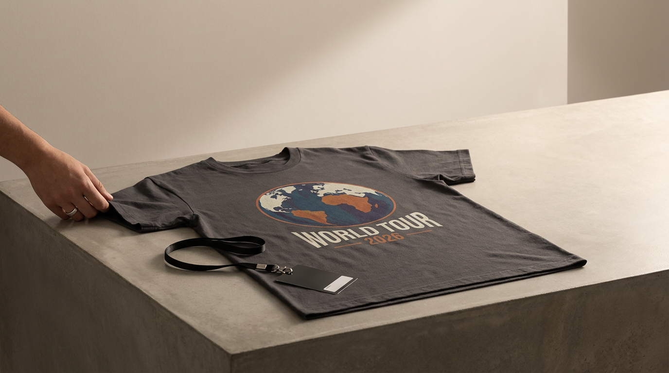 T-shirt gris avec un logo de la Terre et le texte 'World Tour 2026' posé sur une table, à côté d'un porte-clés avec un badge. Main tenant le T-shirt.