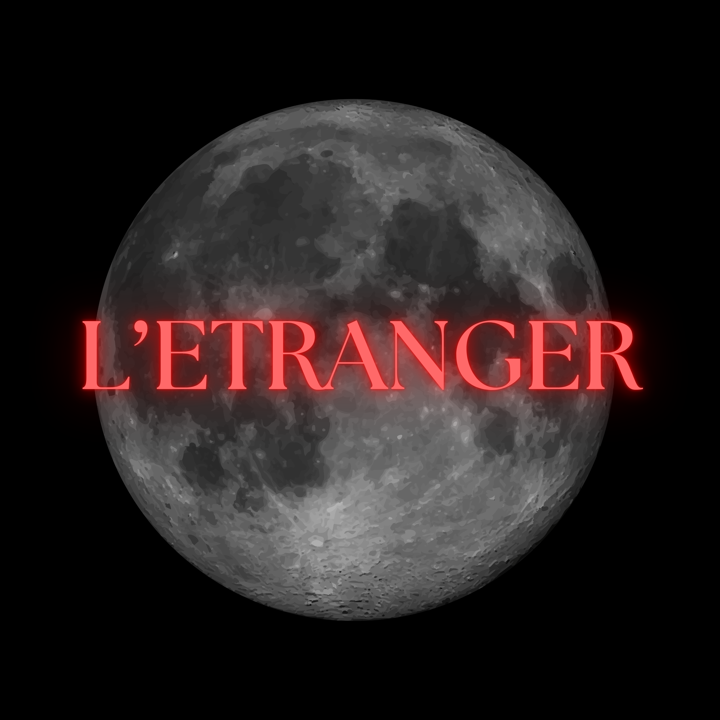 Une image de la lune en noir et blanc avec le texte 'L'ÉTRANGER' en rouge en bas.