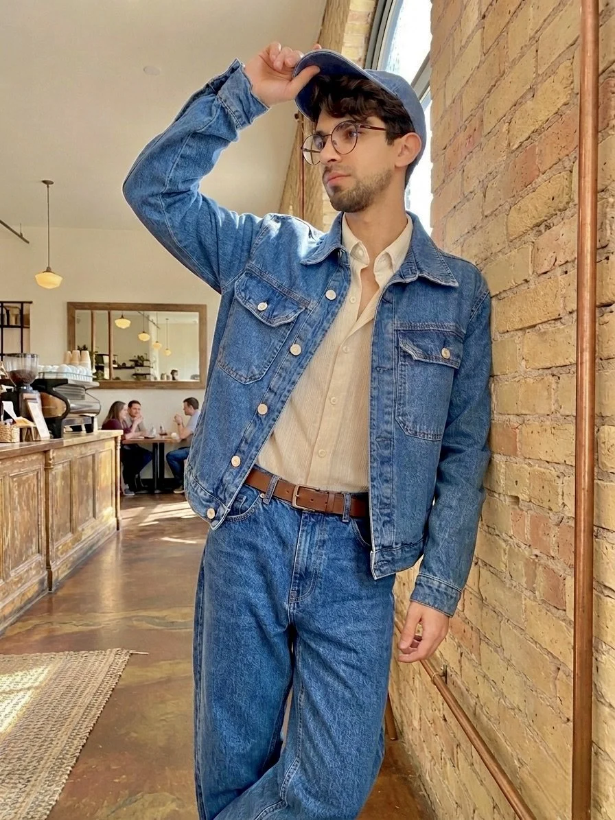 Un jeune homme portant des lunettes, une casquette, un jean et une veste en denim, se tient debout près d'un mur en briques dans un café, en regardant pensivement par la fenêtre.