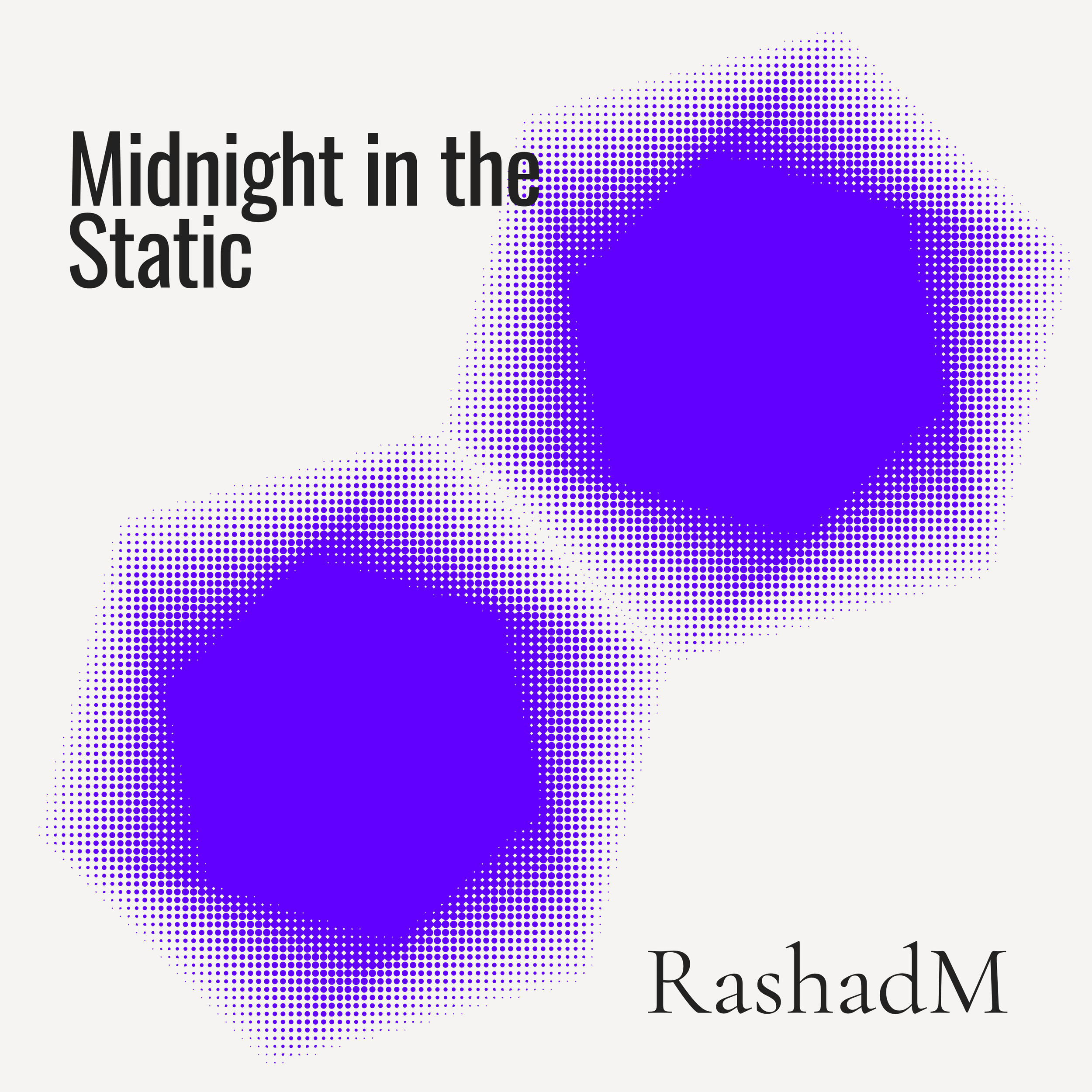 Titre en anglais 'Midnight in the Static' avec un graphique en pointillés violets formant une silhouette humaine et un texte partiellement visible en bas, 'RashadM'.
