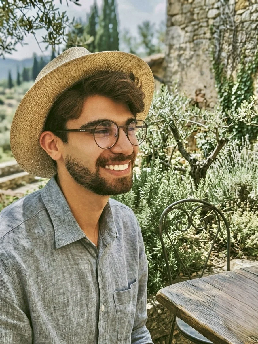 Jeune homme à lunettes, portant un chapeau en paille, souriant, assis à une table en extérieur dans un jardin verdoyant.