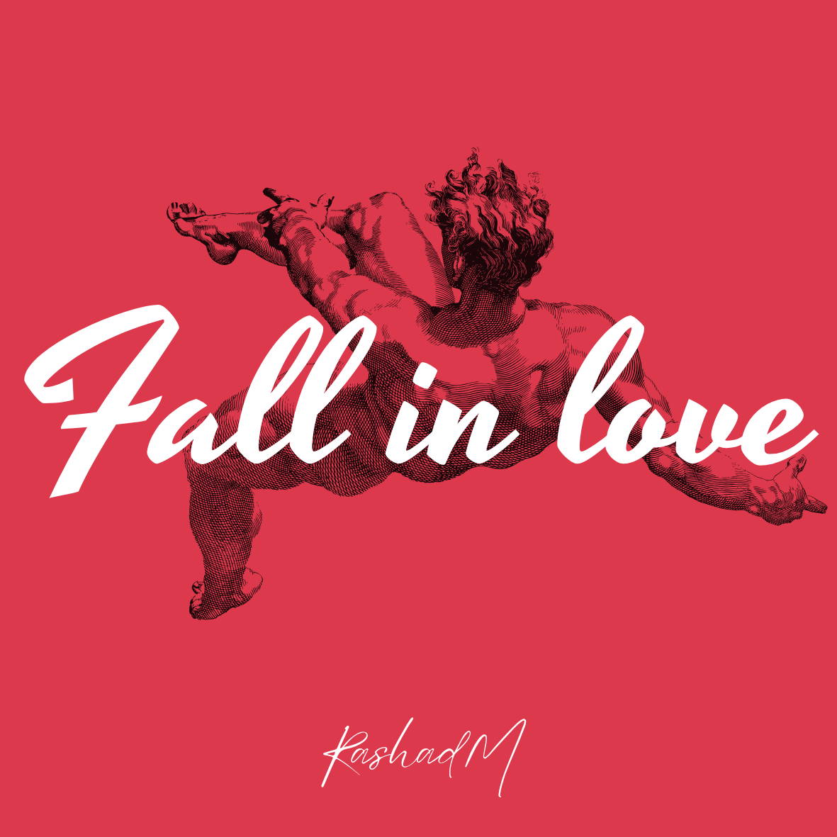 Une illustration d'une sculpture de Cupidon avec le texte 'Fall in love' en surimpression, fond rouge.