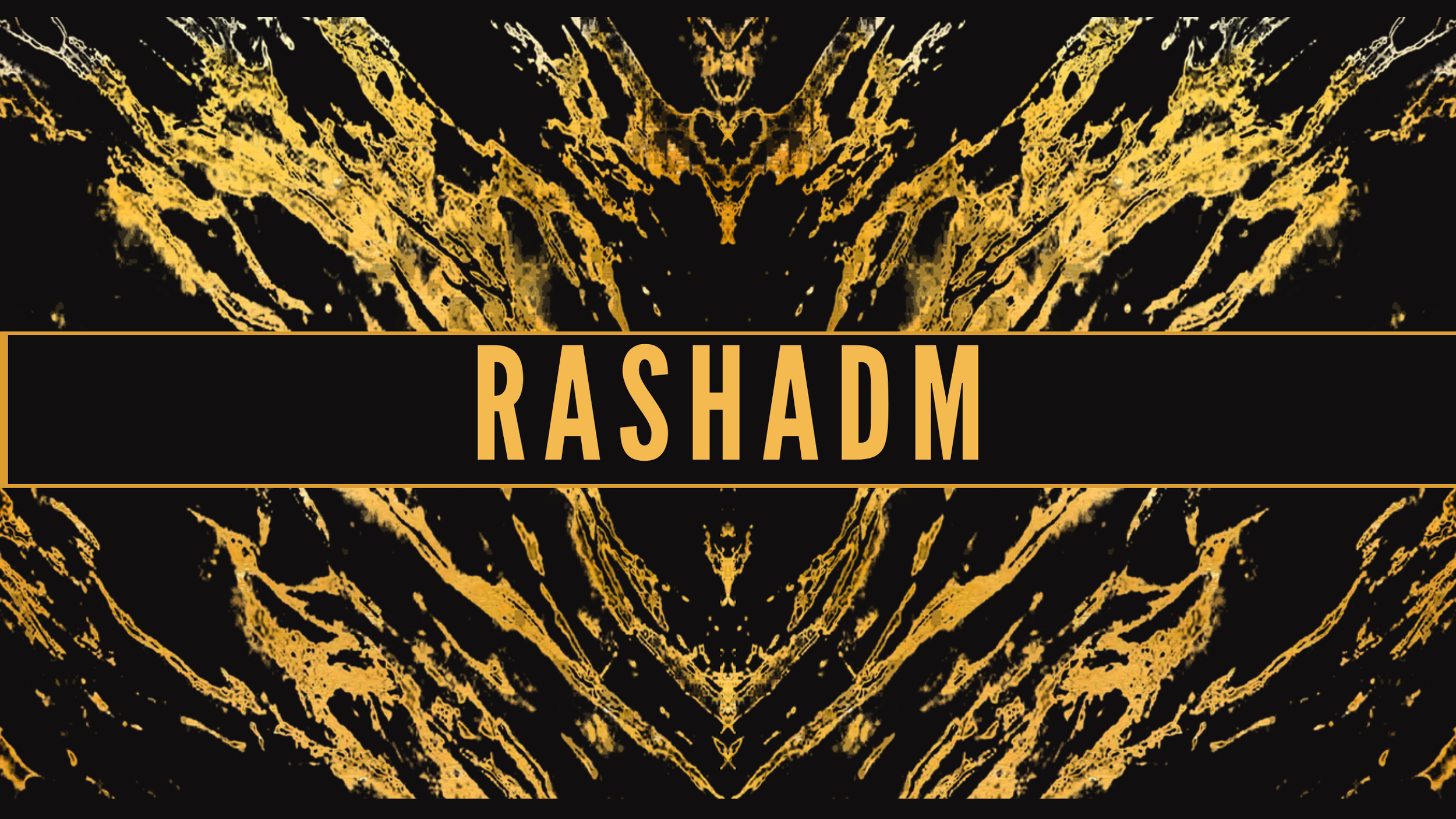 Une affiche avec un fond noir et un motif doré abstrait. Au centre, il y a une bannière noire avec le nom "RASHAD" écrit en lettres dorées.