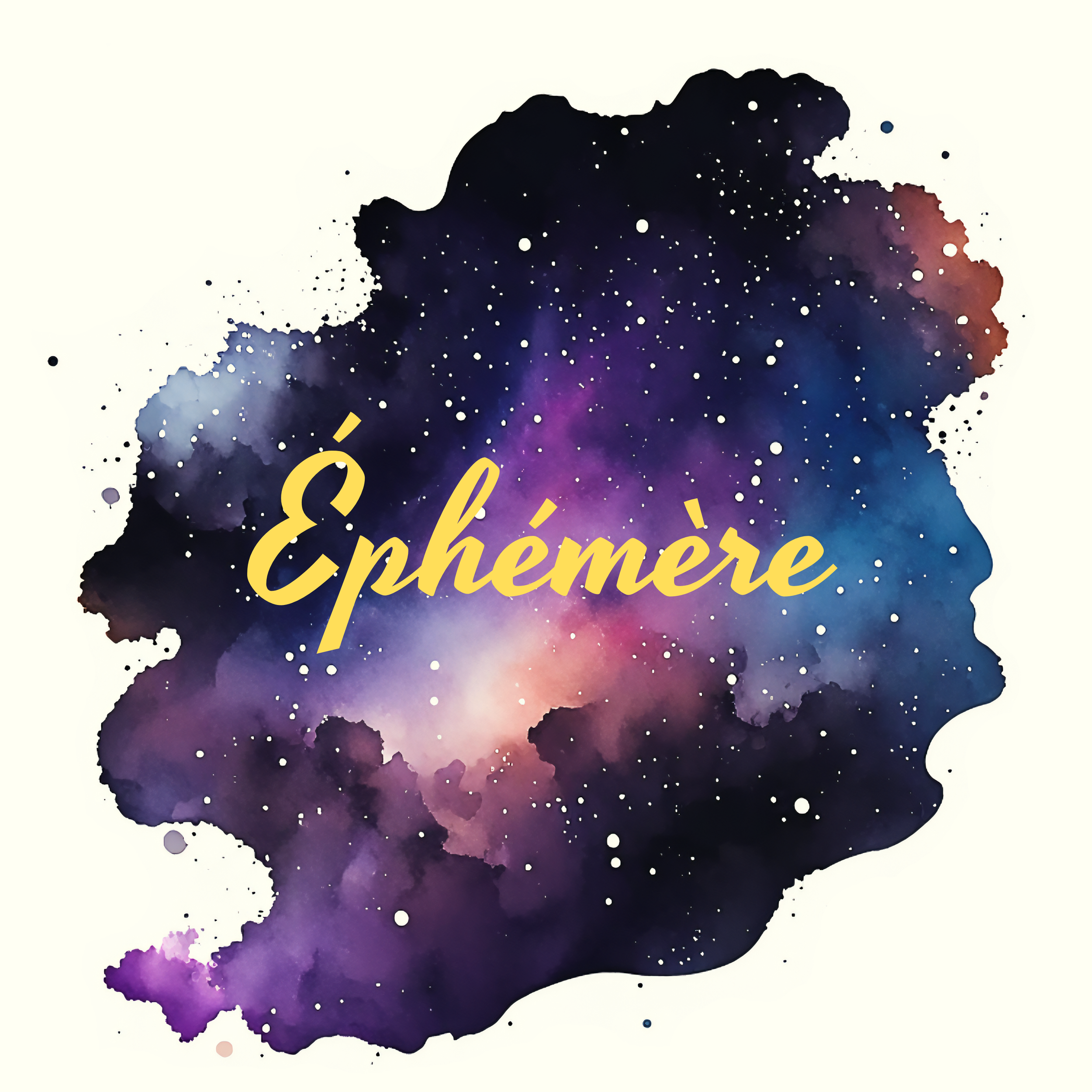 Une illustration d'une silhouette de tête avec un fond coloré évoquant l'espace, avec des taches blanches représentant des étoiles, et un texte en jaune disant 'éphémère'.