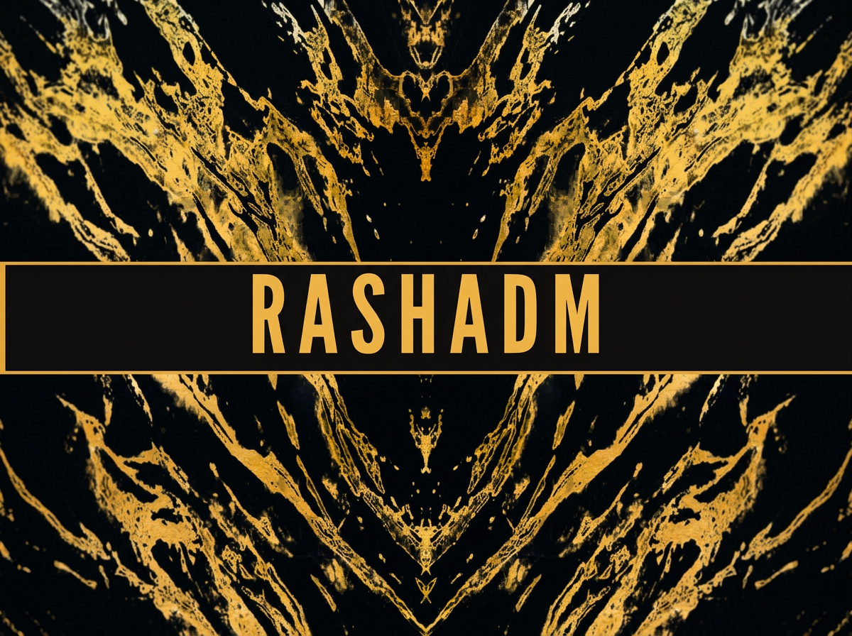 Arrière-plan noir avec des motifs abstraits dorés symétriques et le mot 'RASHADM' en majuscules dorées sur une barre noire au centre.