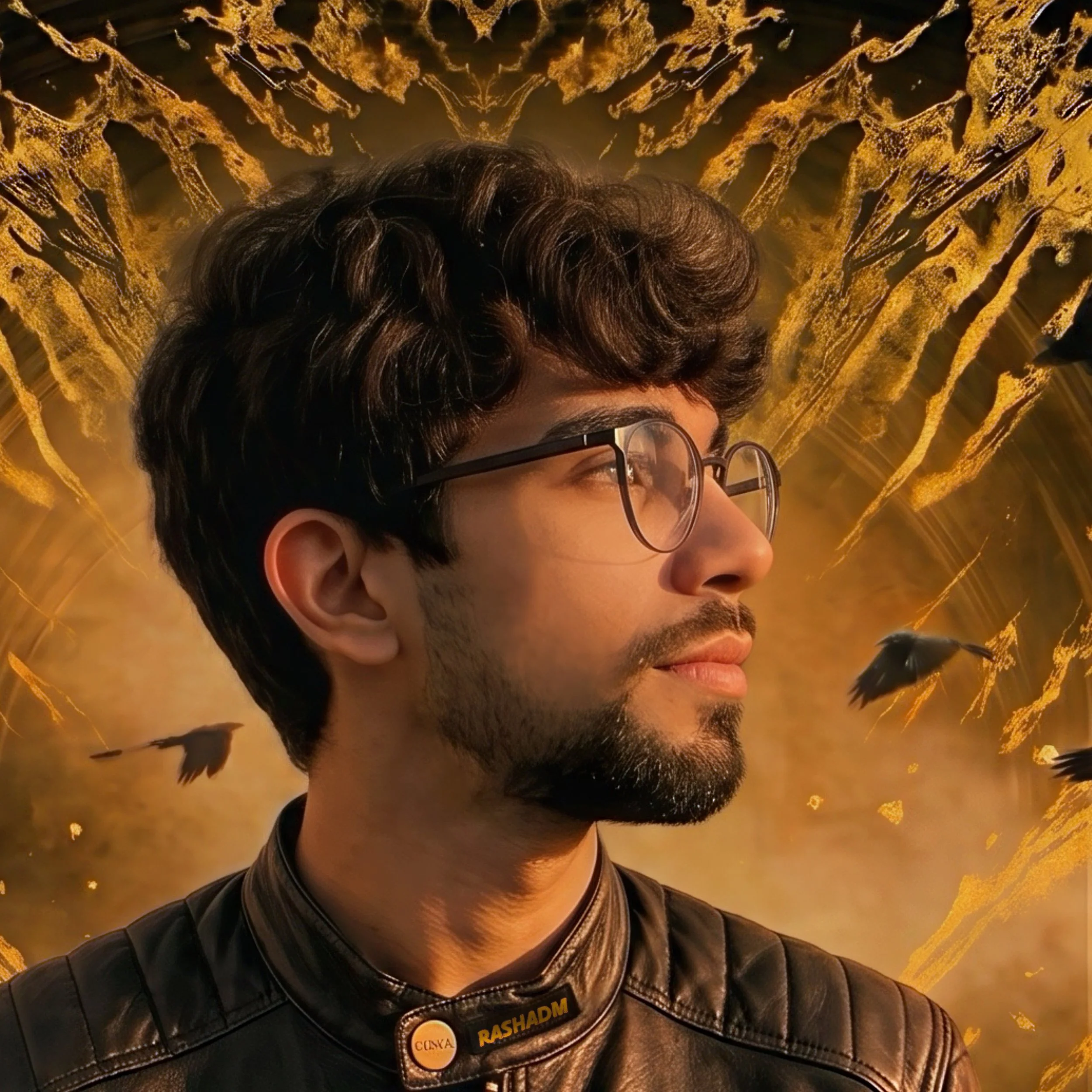 Profil d'un jeune homme portant des lunettes, un blouson en cuir avec des identifiants brodés, et un tatouage visible, face à un décor lumineux avec des silhouettes d'oiseaux en vol.