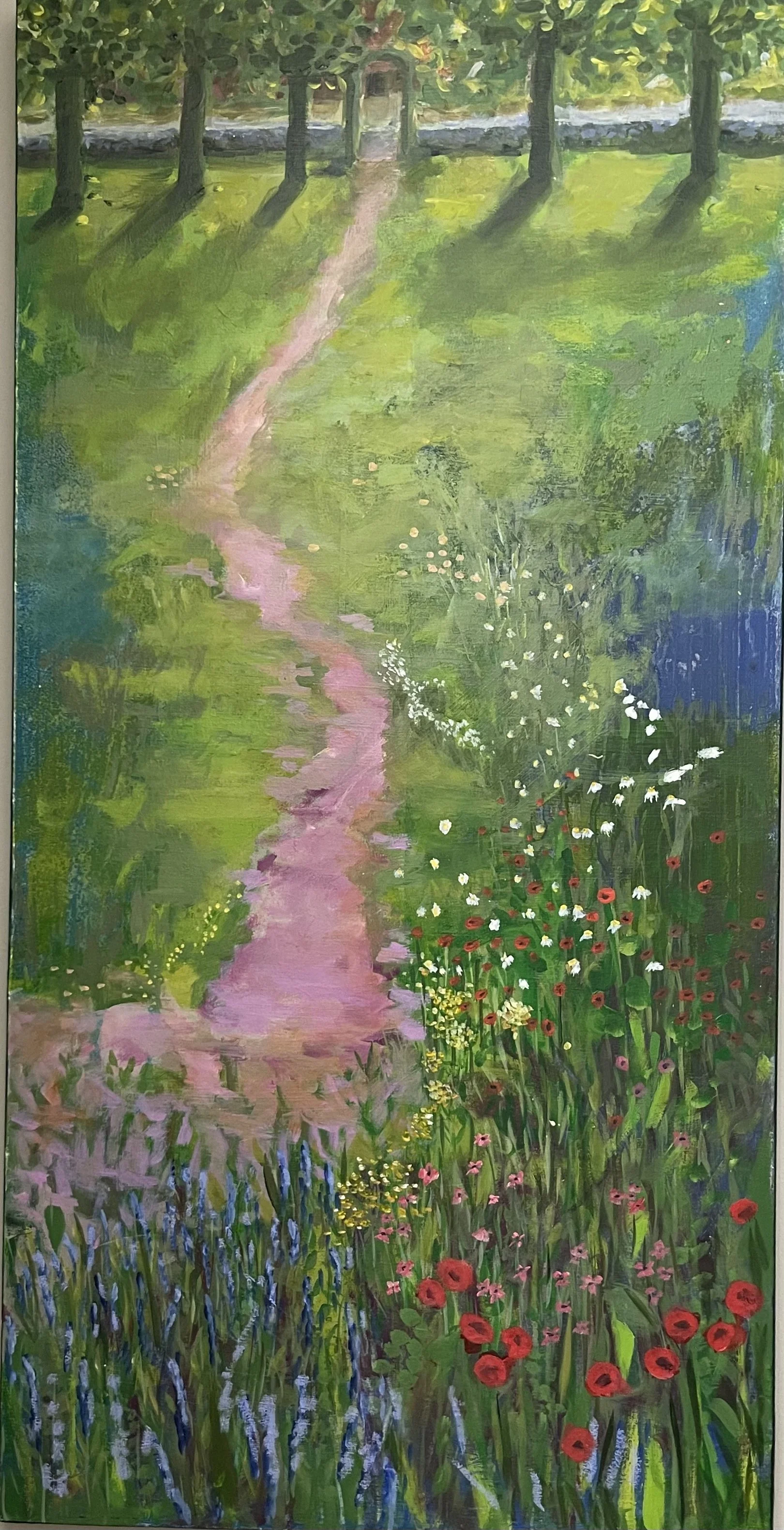 A colorful painting of a garden scene with a winding pink pathway, surrounded by green grass and various flowers, including red, white, and yellow blossoms. Tall trees cast shadows over the path and garden.