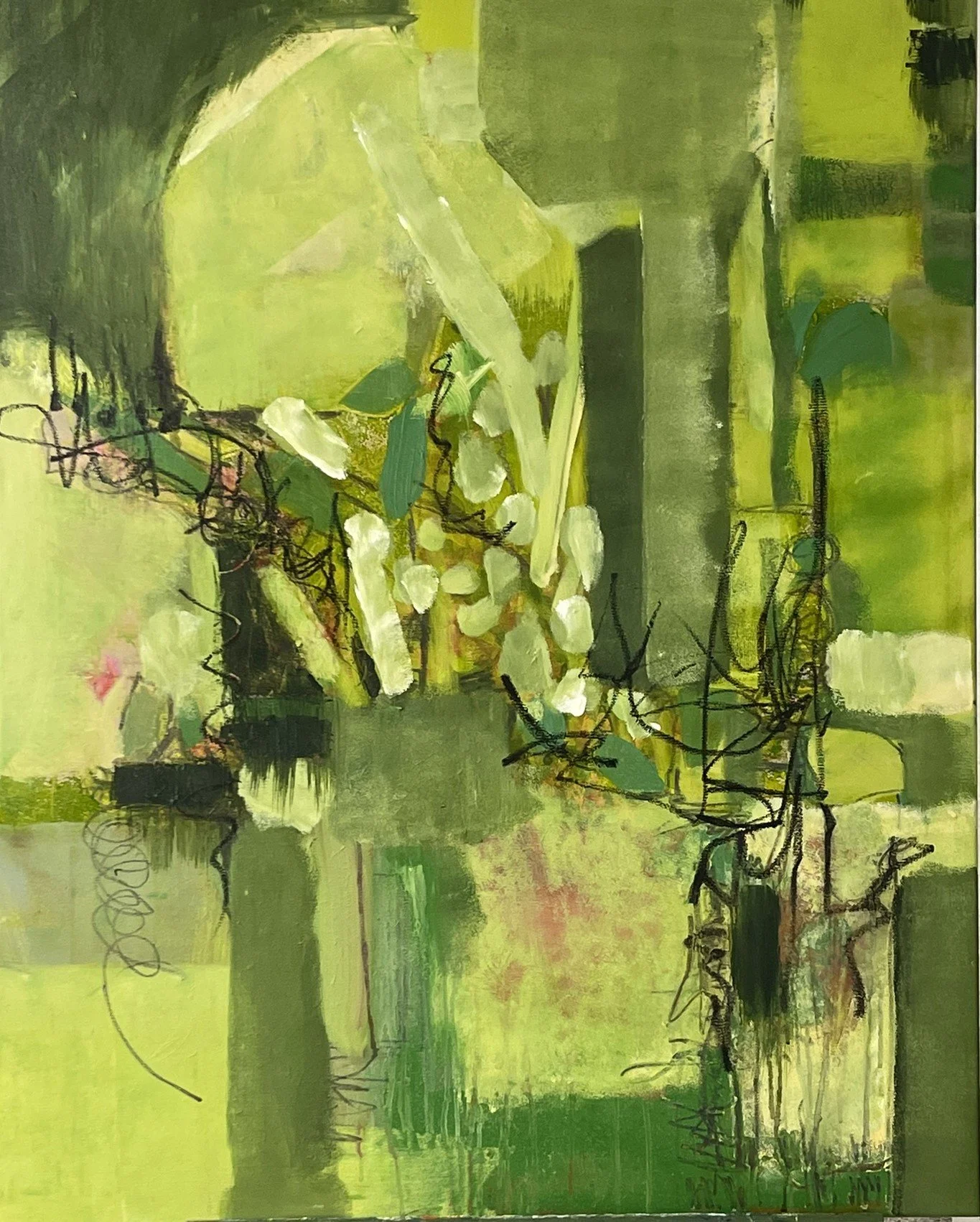 Abstract painting with green, yellow, black, and white brushstrokes, featuring some black scribbles and textured areas.