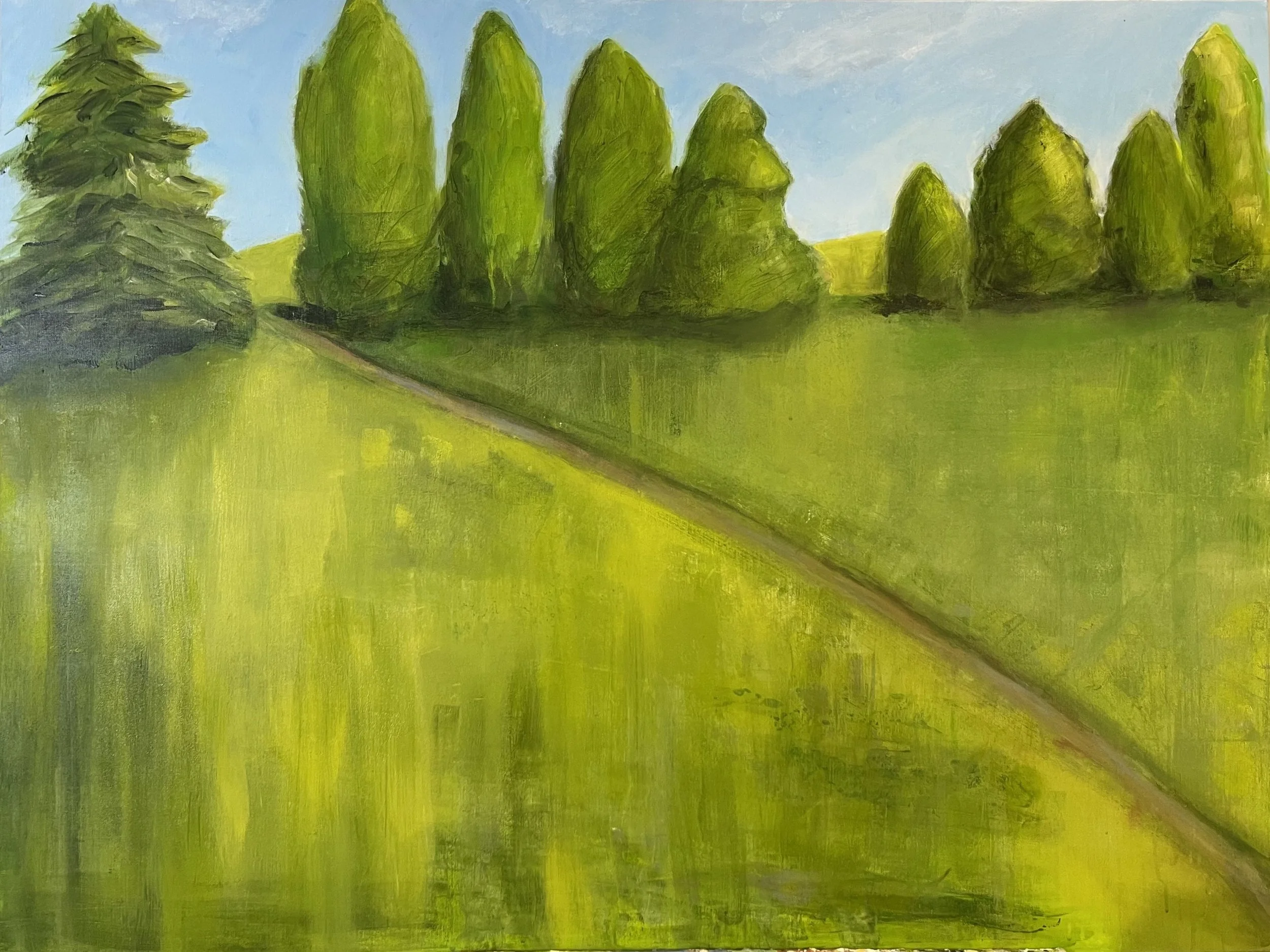 A painting of a field with a pathway leading through green grass and a row of tall green trees in the background under a blue sky.
