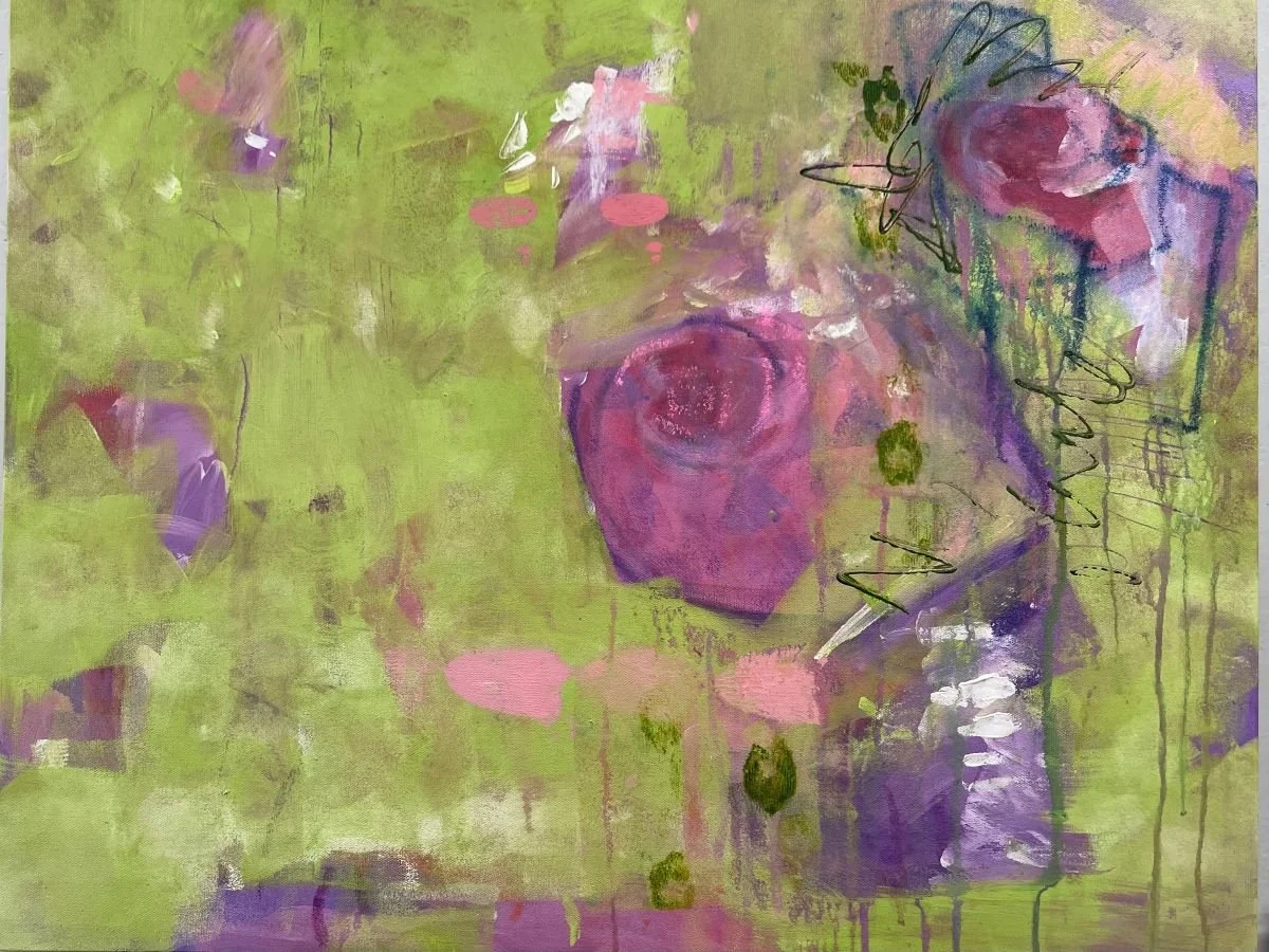 Abstract painting with predominately green, purple, and pink hues, featuring a central purple shape, scribbled black lines, and handwritten text.