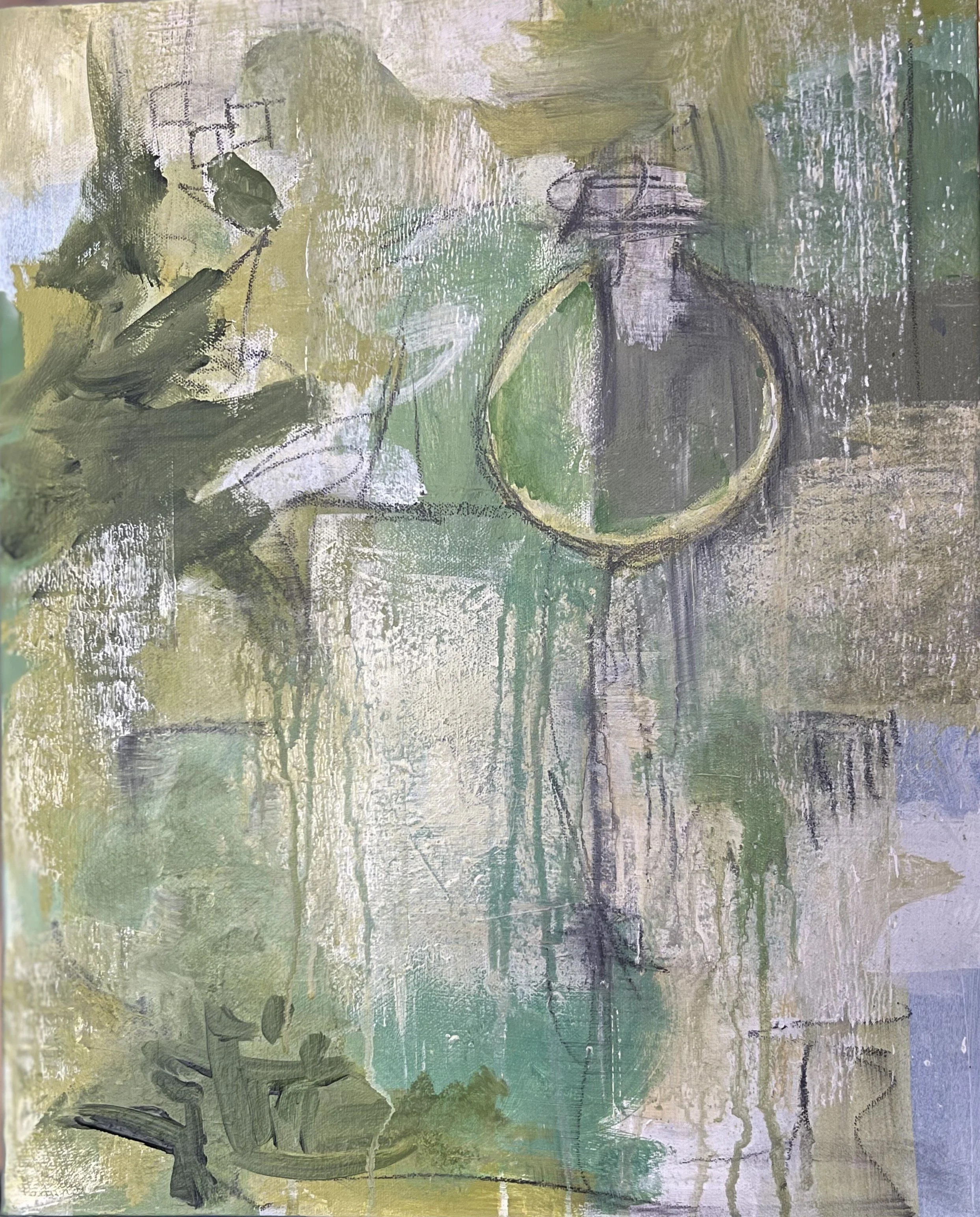 An abstract painting featuring a representational door knocker, set against a textured background with shades of green, yellow, and white.
