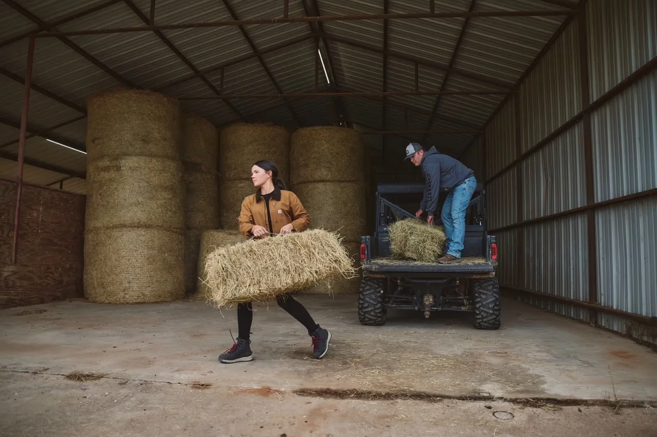 A woman and man loading hay bales in a barn with large haystacks in the background. The woman is carrying a rectangular hay bale, and the man is lifting a hay bale onto a flatbed trailer.