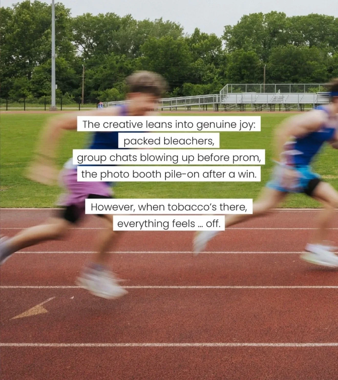 Blurred image of two runners on a track field with green grass and trees in the background. Overlaid text discusses the genuine joy of group activities, such as group chats and photo booths, contrasted with the feeling of everything feeling off when 