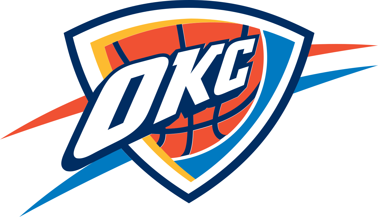 The Oklahoma City Thunder logo featuring a basketball with a shield design, the word 'OKC' in bold, and red, white, blue, and yellow colors.