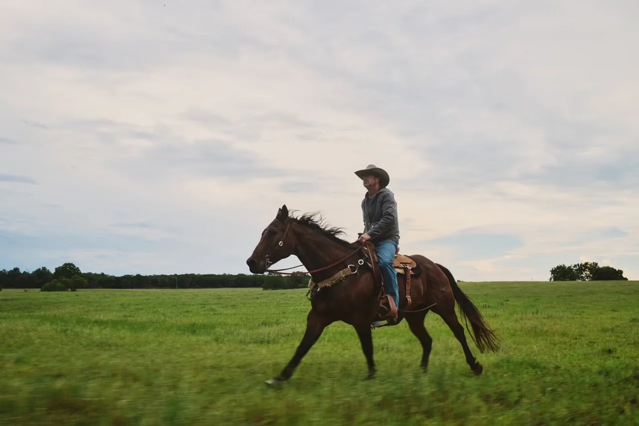 A man riding a horse in a green open field during daytime with a cloudy sky.