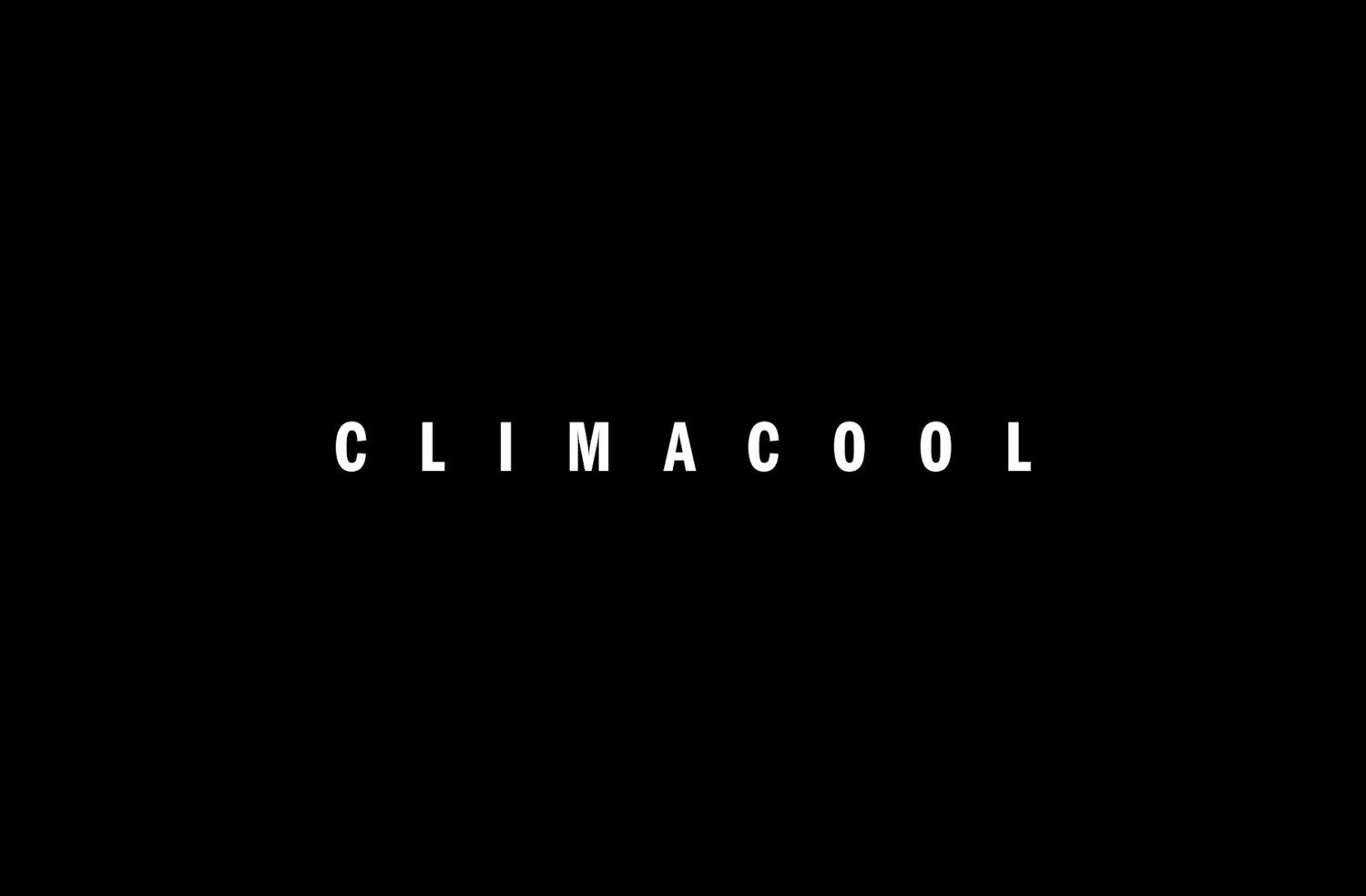 Black background with white text displaying the words "CLIMACOOL" and a circular logo above it.