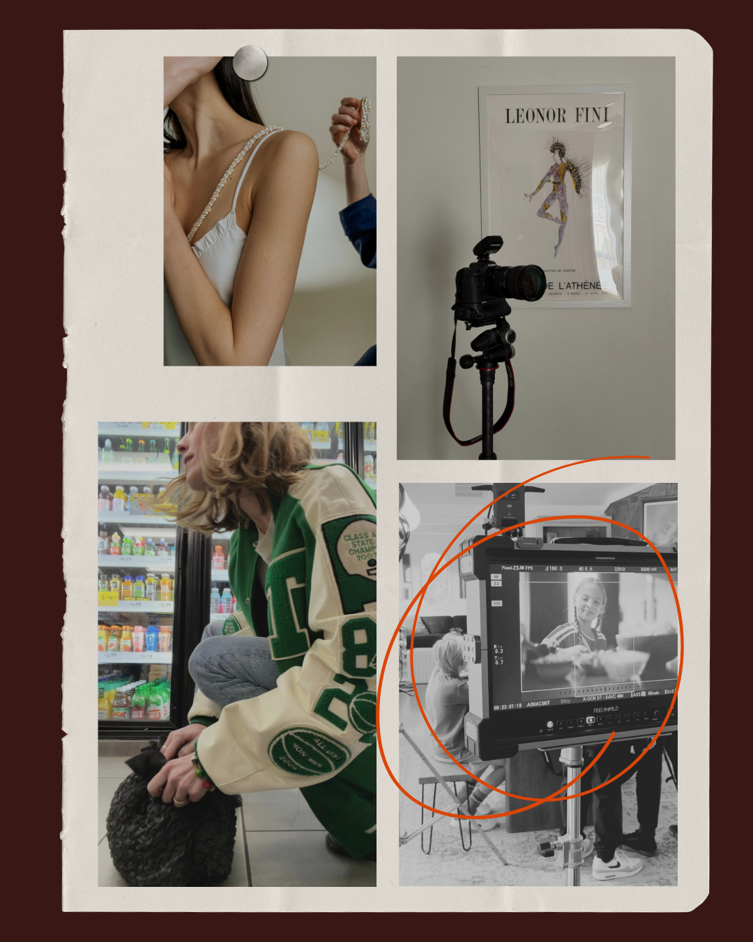 Collage of four photographs related to a filming or photo shoot, including a close-up of a woman in a white dress with a pearl necklace, a framed poster of Leonor Fini, a woman in a green and white jacket at a convenience store, and a black-and-white shot of a child being filmed with a camera.