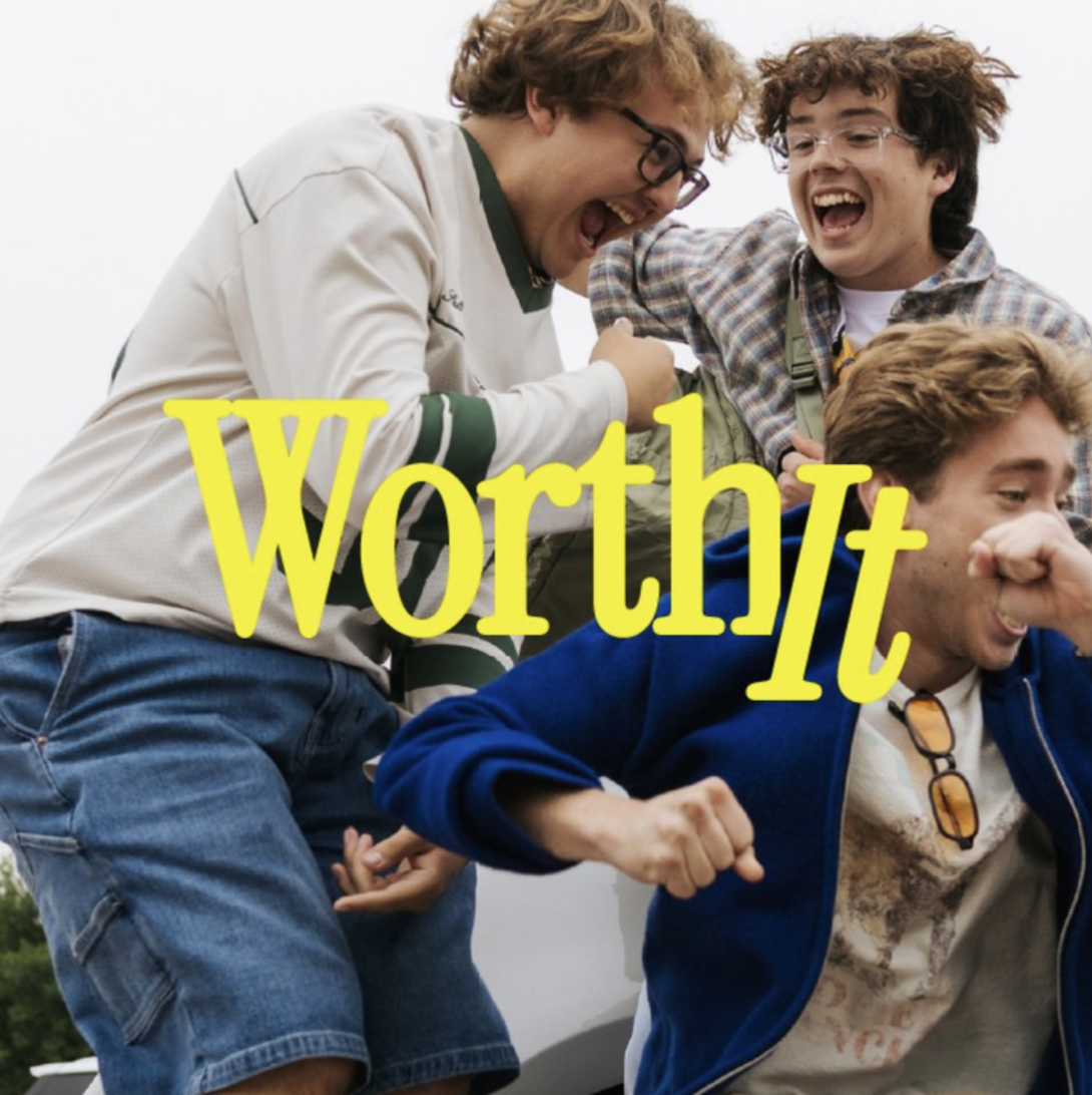 Three young men celebrating and having fun outdoors, with the word "Worthy" in large yellow text across the image.