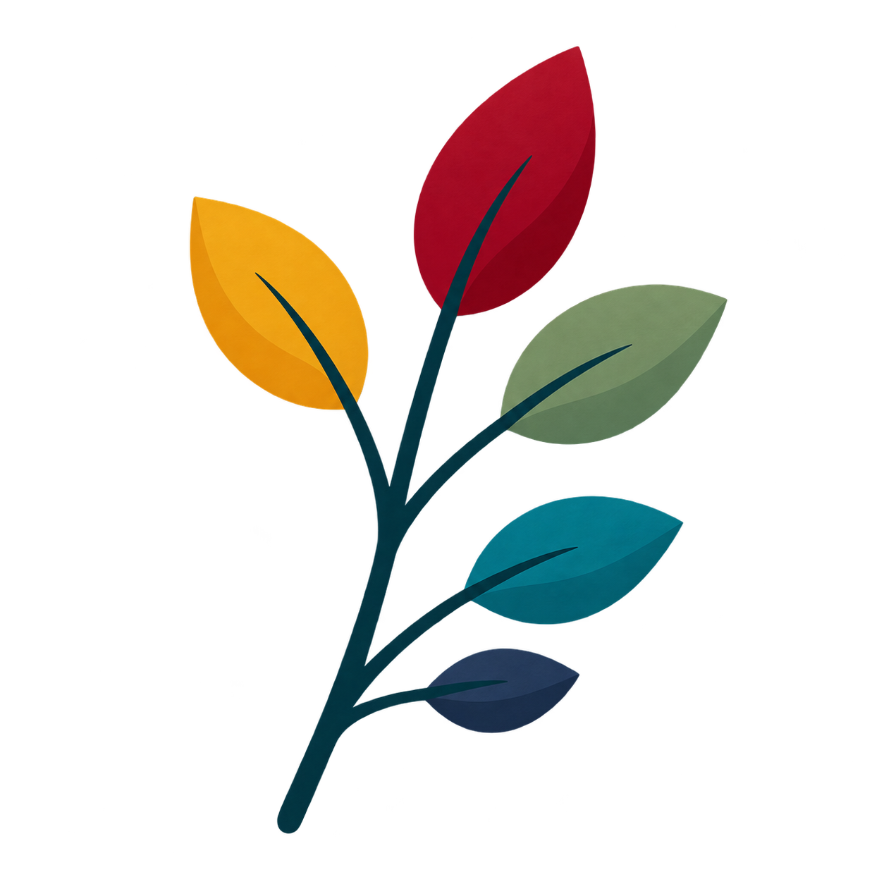 A stylized drawing of a multicolored flower with six leaves in red, yellow, green, light blue, dark blue, and teal, with a dark blue stem.