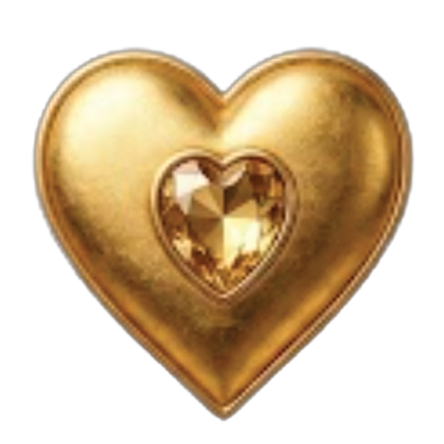 A golden heart-shaped object with a gem in the center, set against a black background.