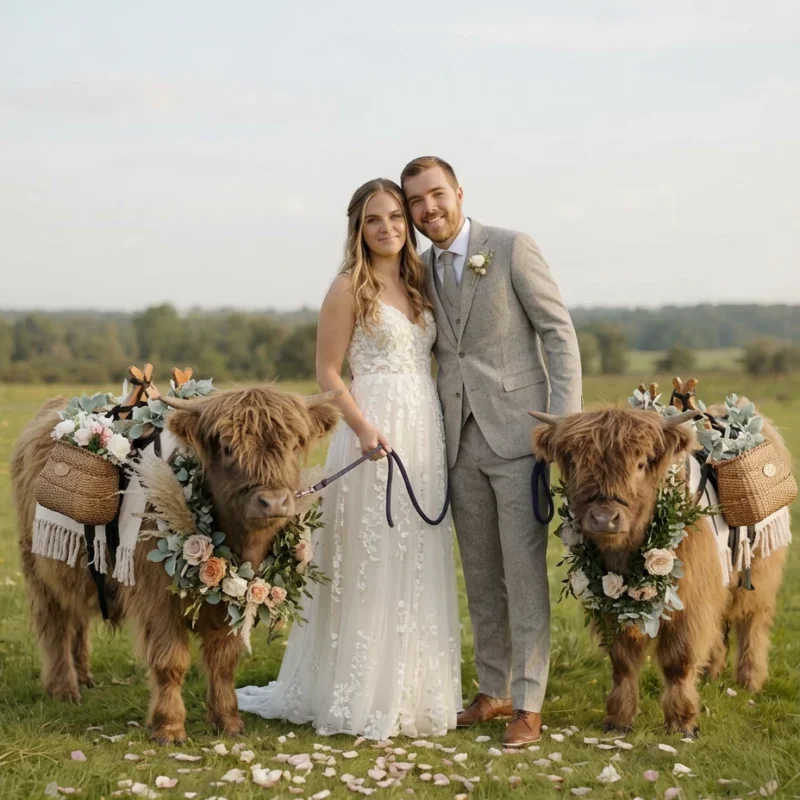 A bride and groom standing outdoors on grass, holding leashes attached to Highland cattle decorated with floral arrangements, with a field and trees in the background.