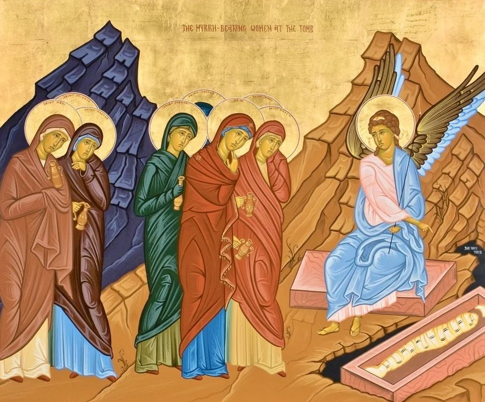 Depiction of the Myrrh-bearing women at Jesus' tomb. Five women stand in a line, with a seated angel on the right side near a stone tomb.