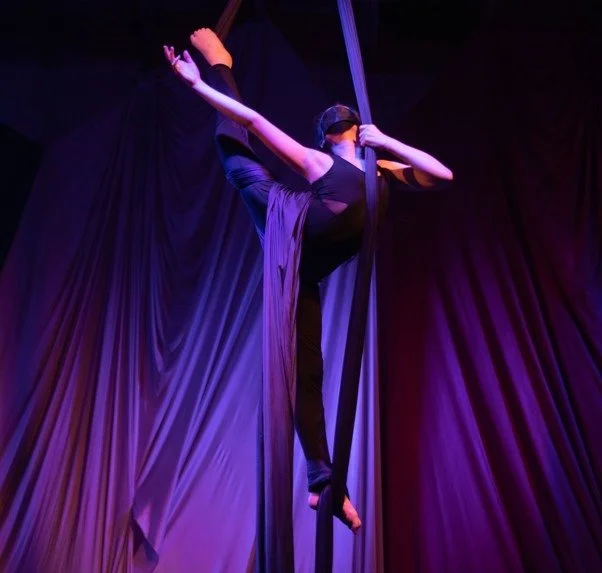 Performer practicing aerial silk acrobatics on stage with purple curtains.