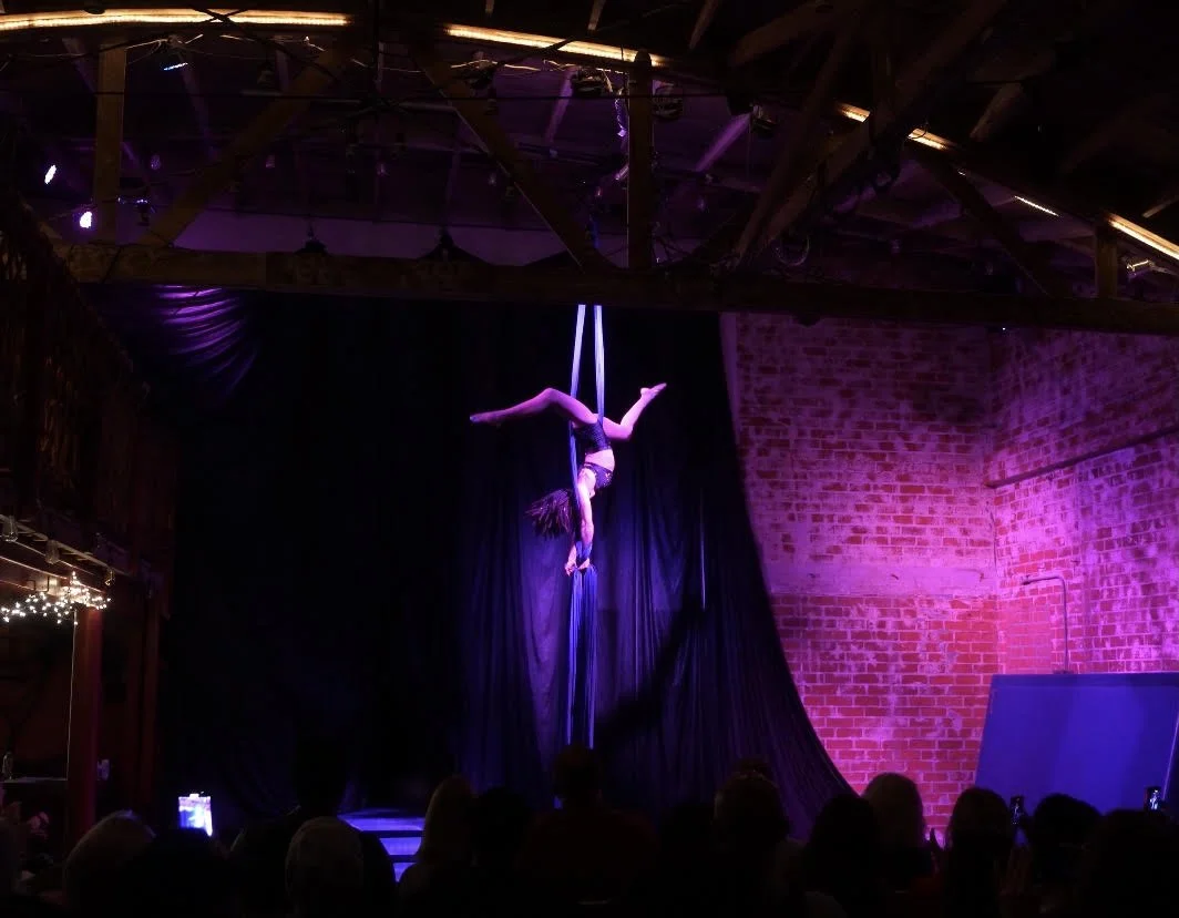 Aerial silk performance on stage with a woman hanging upside down, performing acrobatics while holding silk fabric, with an audience in the foreground and brick wall and stage curtains in the background.