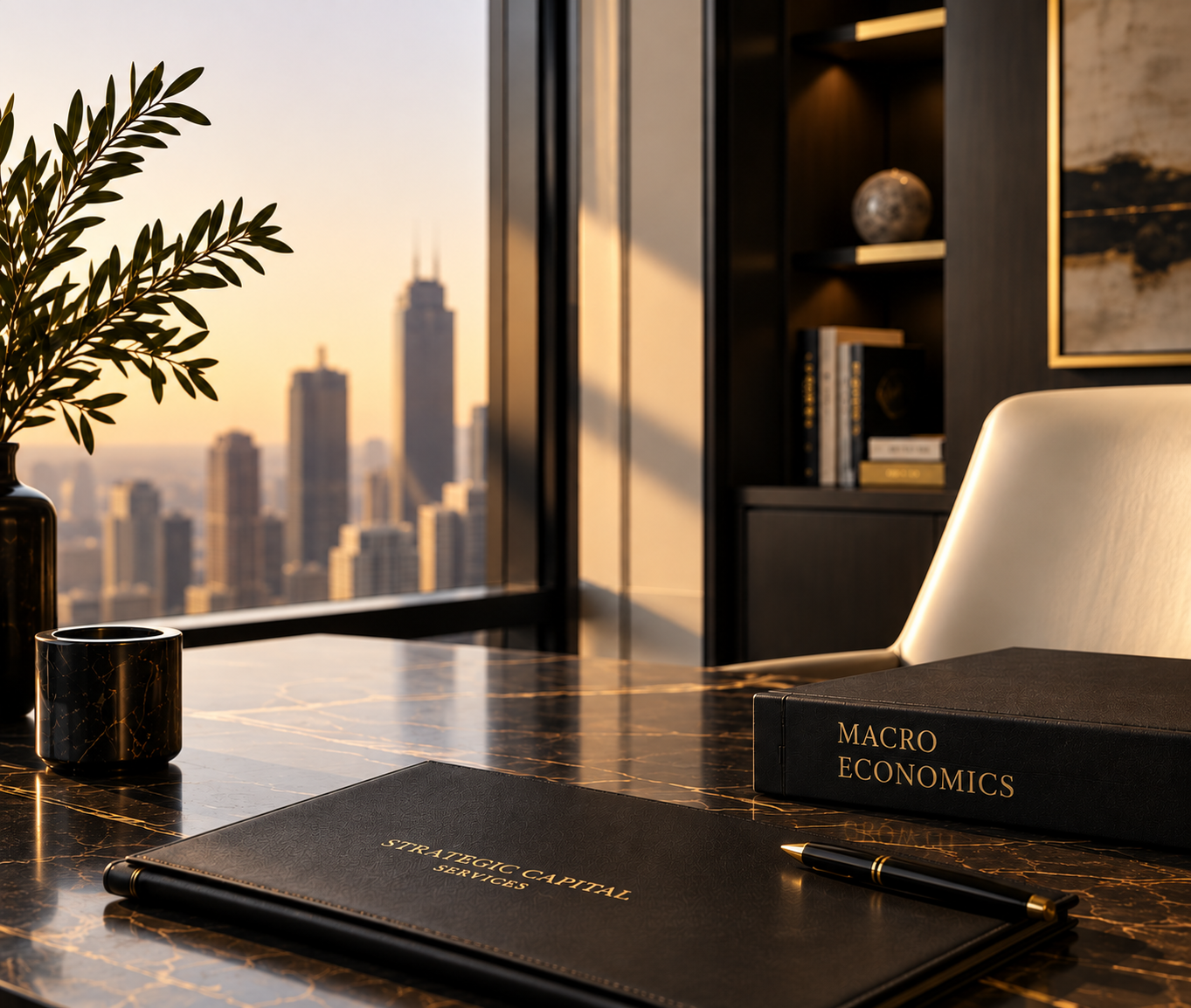 Executive office overlooking a city skyline with a Strategic Capital Services portfolio on the desk.