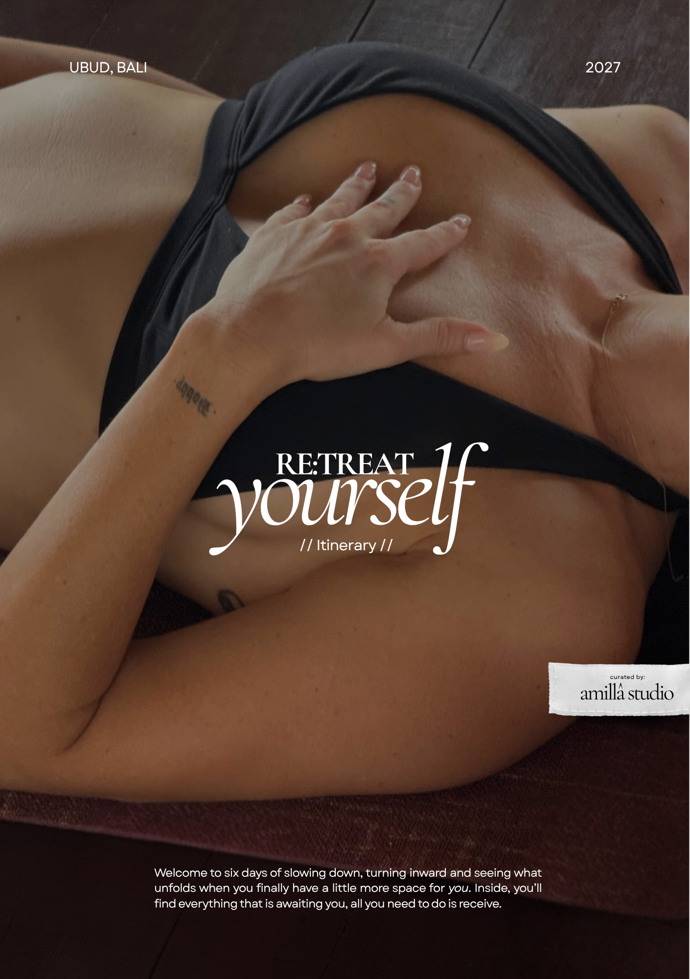 Ubud, Bali 2027 retreat itinerary cover featuring a person in black swimwear reclining with a hand on their chest and the text “RE:TREAT yourself.”