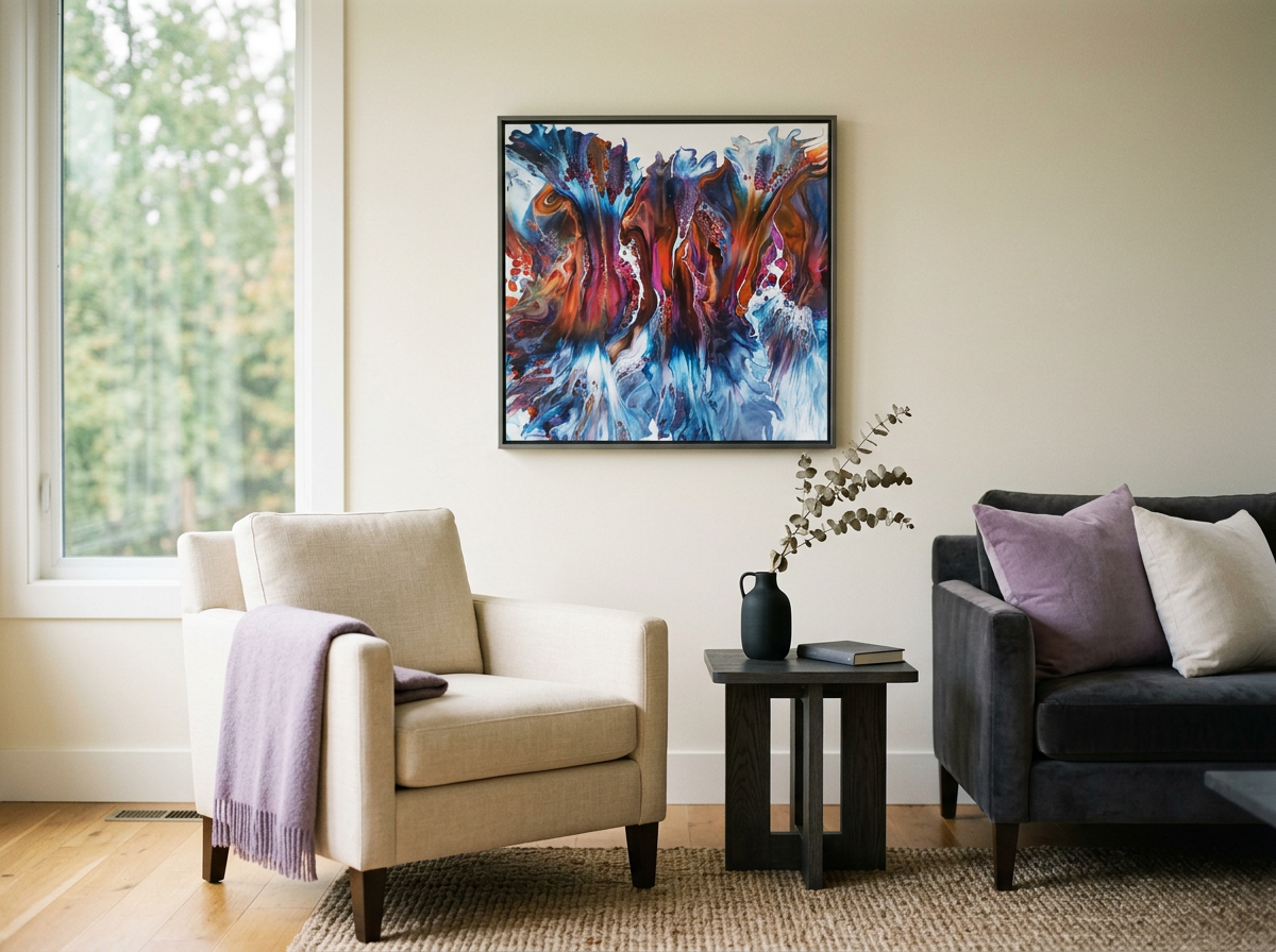 Living room with a beige armchair with a purple throw, a dark sofa with purple and white pillows, a small black side table with a vase and a book, and a colorful abstract painting on the wall, near a window with greenery outside.