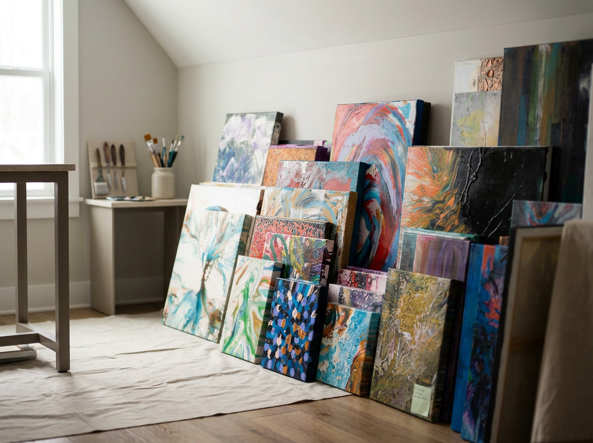 Multiple colorful abstract paintings leaning against a wall in an art studio. There is a window on the left and art supplies in a white vase on a small desk in the background.