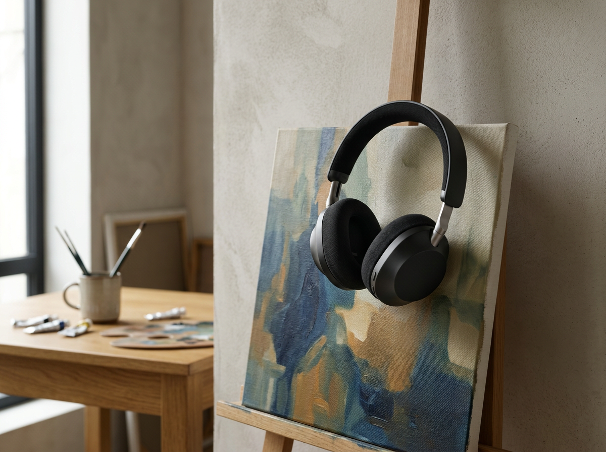 A black pair of over-ear headphones hangs on a beige canvas on an easel inside an art studio.