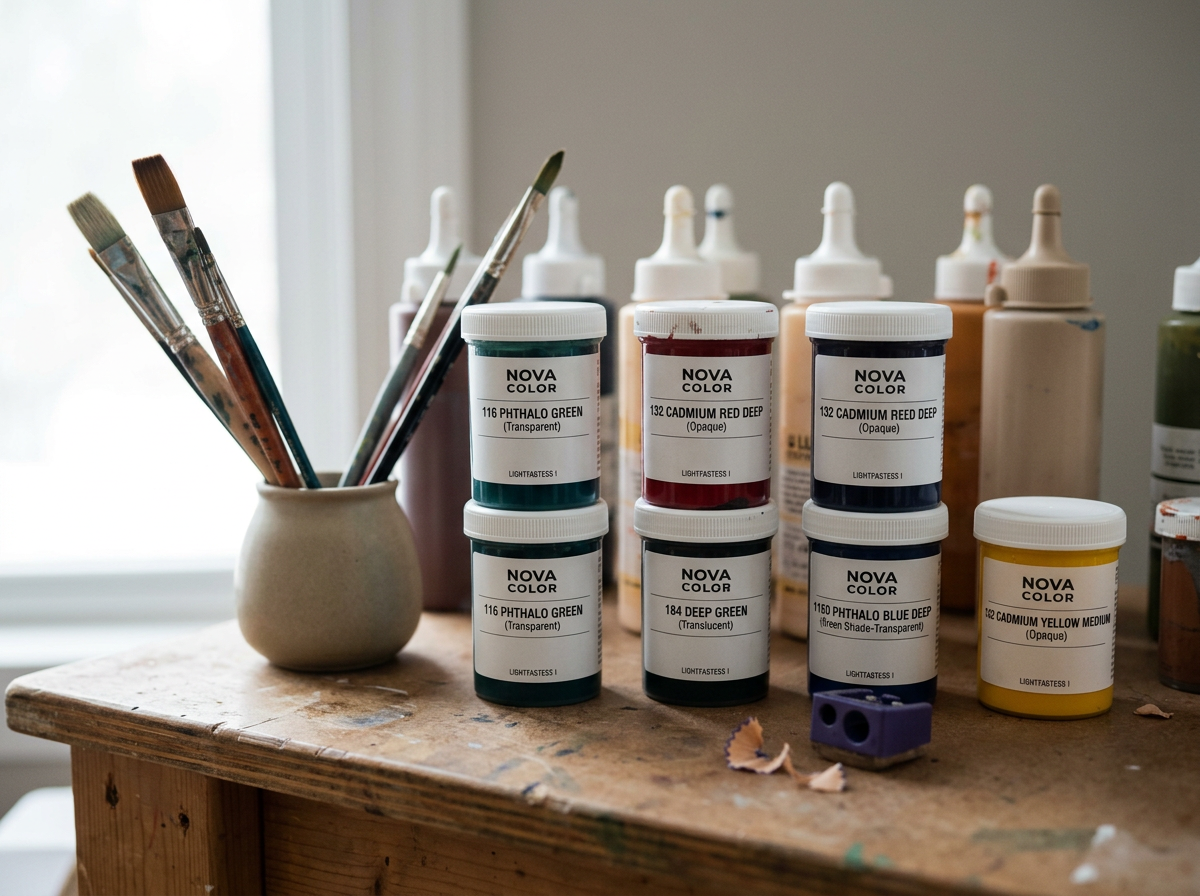 Paint jars with various colors on a wooden table, with paintbrushes in a small ceramic cup, background of a window allowing natural light.