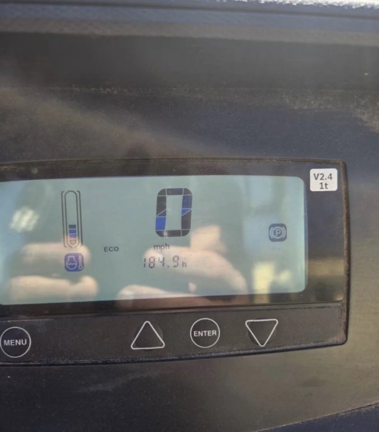 2021 Doosan GC18S-9 forklift, close-up of digital hour meter and instrument display.