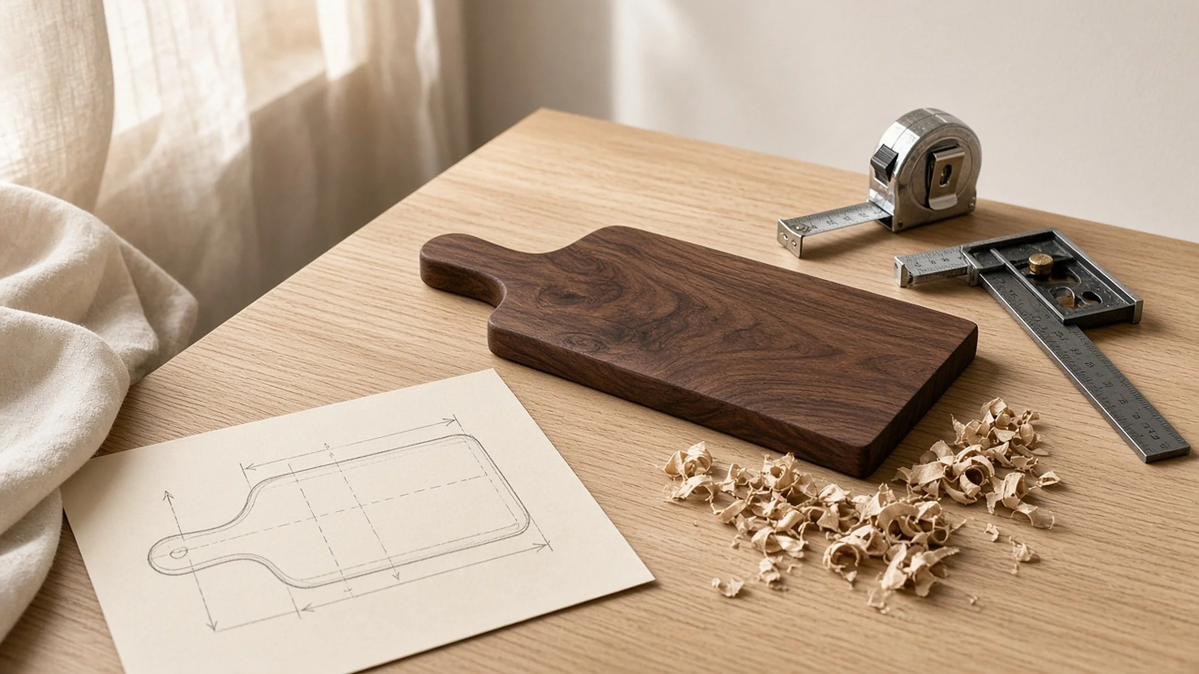 Walnut cutting board on a workbench with a sketched plan, tape measure and square