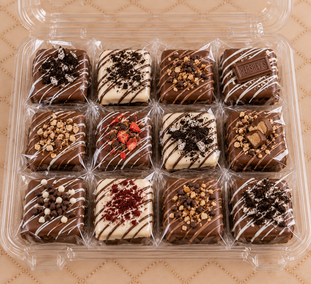 A clear plastic container holding twelve decorated Hershey's chocolate-covered squares, each with different toppings such as Oreo pieces, strawberries, crushed nuts, broken candy bars, and chocolate chips, with some drizzled with white or dark chocolate.