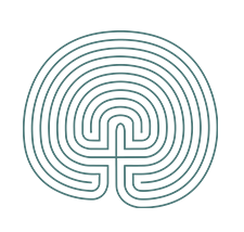 A labyrinth or maze with concentric circular paths and a central design in a teal color on a pale green background.