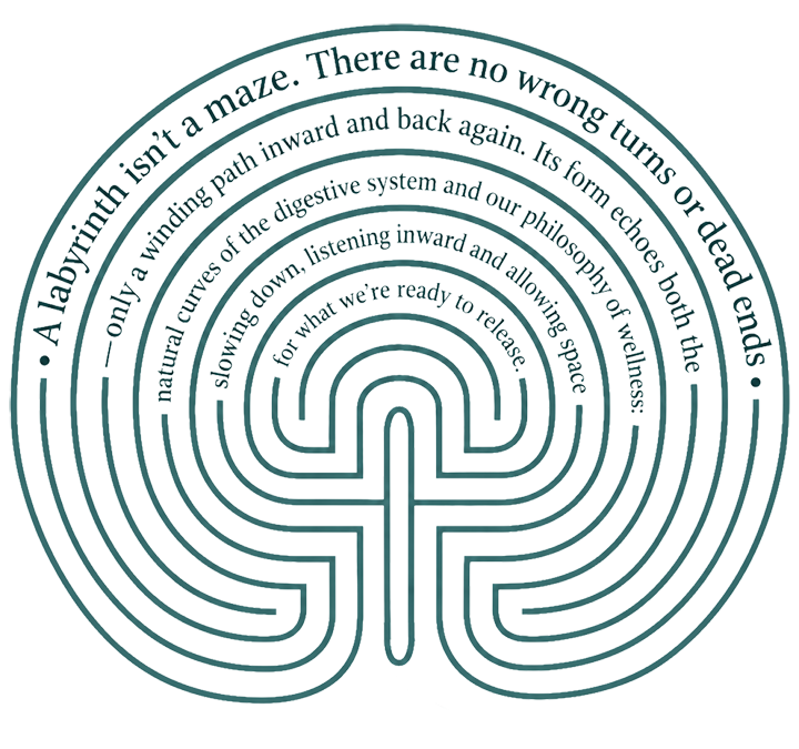 Circular maze with text along the path describing the digestive process, starting at the maze entrance and ending at the center, symbolizing the journey through the digestive system.