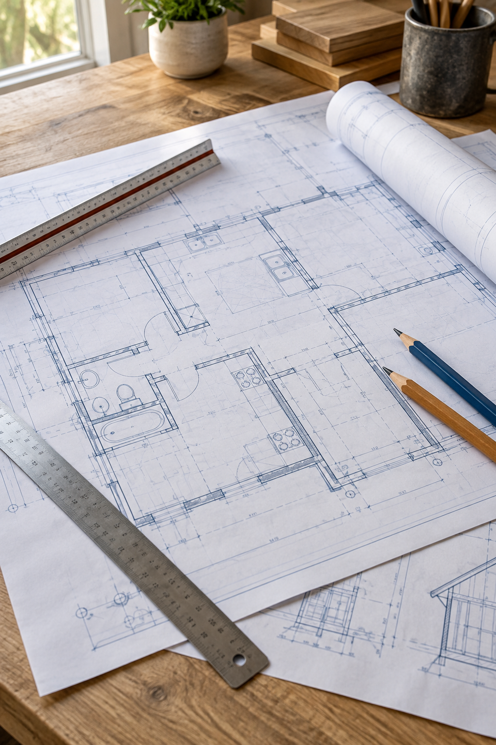 Blueprints of a house floor plan on a wooden table with rulers and pencils.
