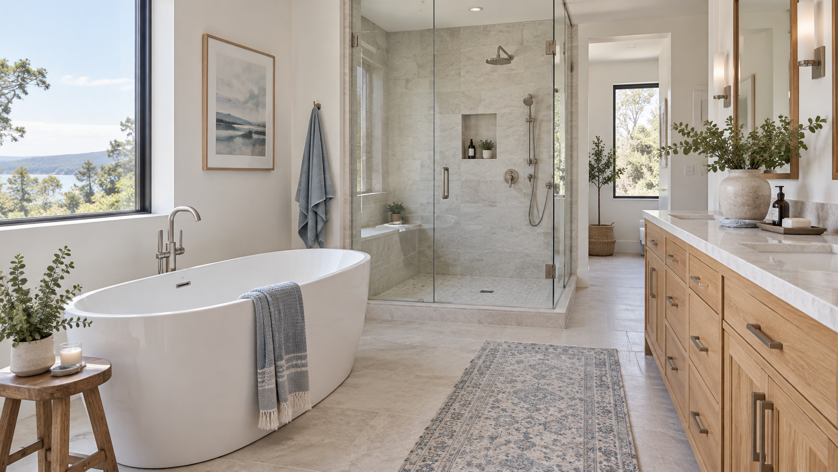 Modern bathroom with a freestanding bathtub, a glass-enclosed shower, a large window with a scenic view, a wooden vanity with a light-colored countertop, and green plants for decoration.