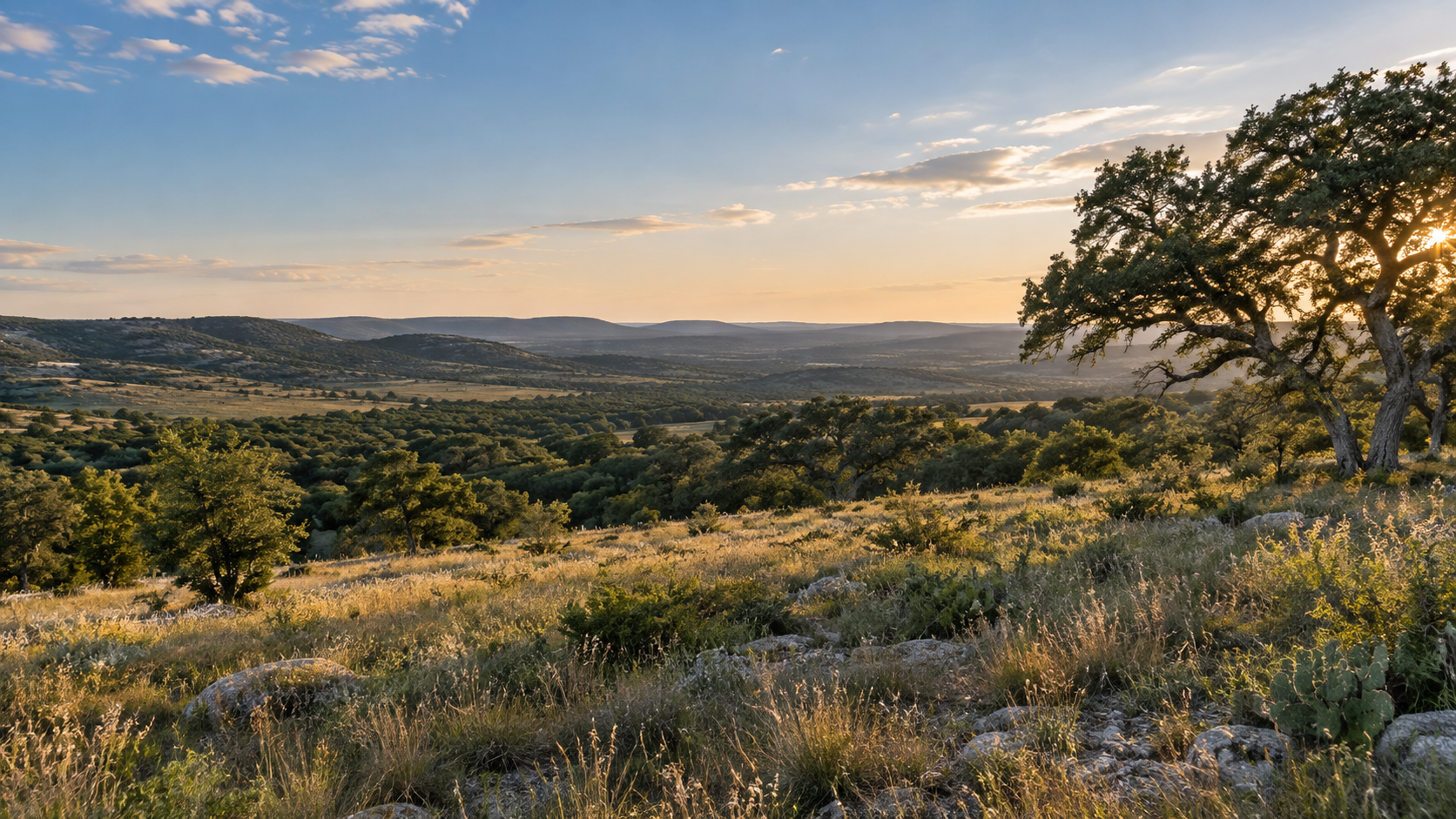 Vacant land with native grasses and mature oak trees at sunset