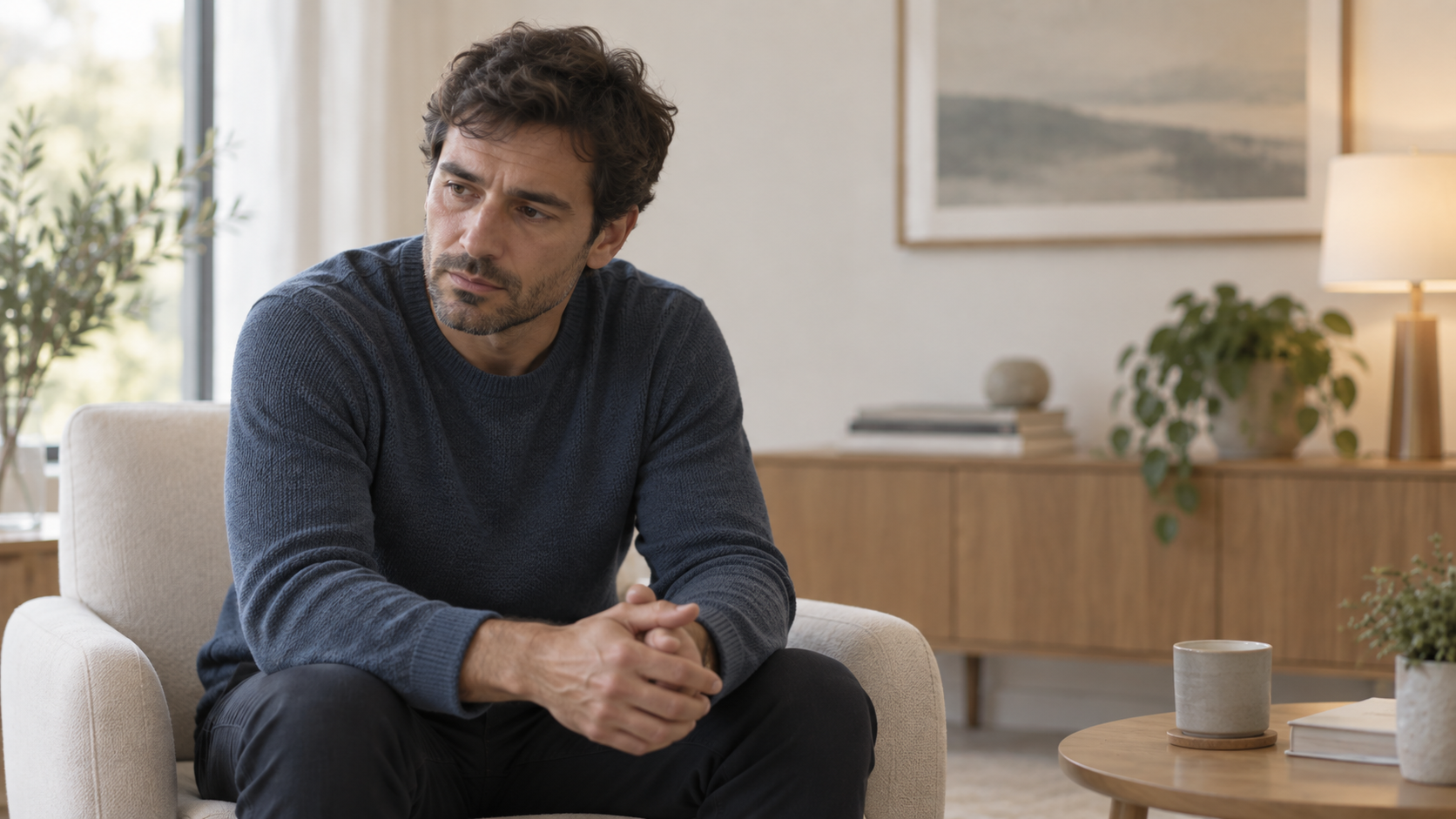 Hombre adulto sentado en un sillón, con expresión seria e introspectiva, en un ambiente tranquilo.