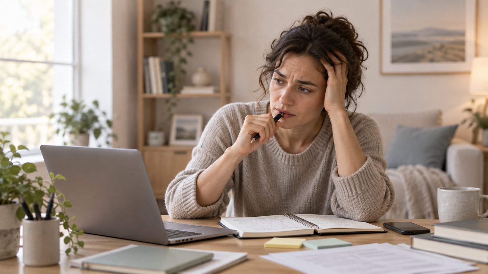 Mujer adulta frente a un escritorio con computador, cuadernos y tareas, en actitud de concentración y sobrecarga.
